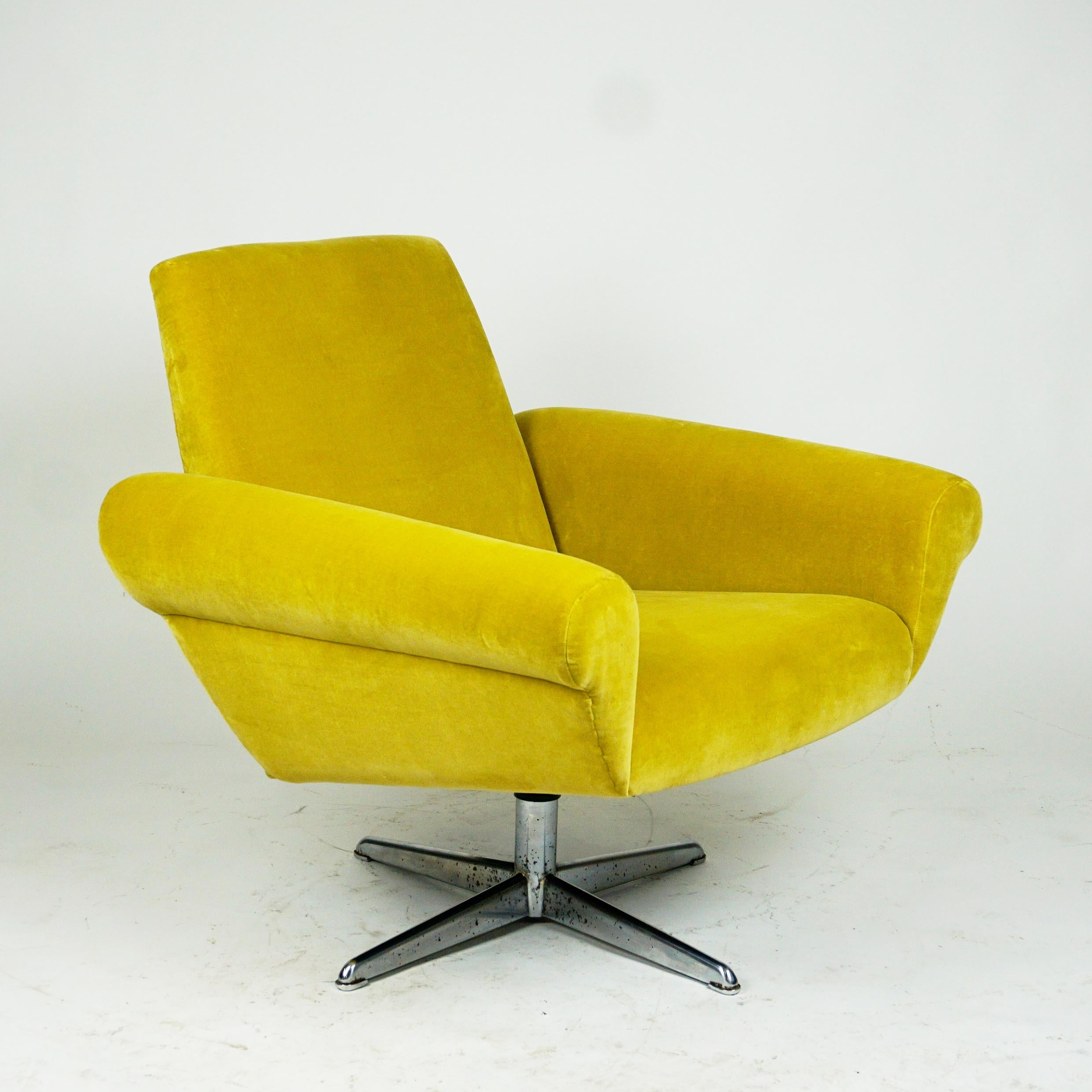 Mid-20th Century Scandinavian Lounge chair with swivel chrome base and yellow Velvet