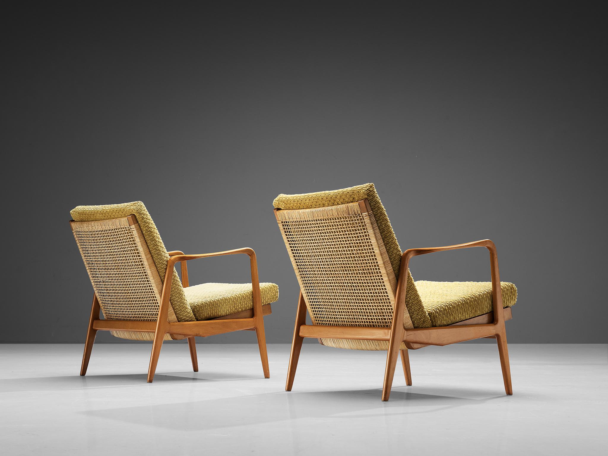 Fabric Scandinavian Lounge Chairs in Wood and Cane