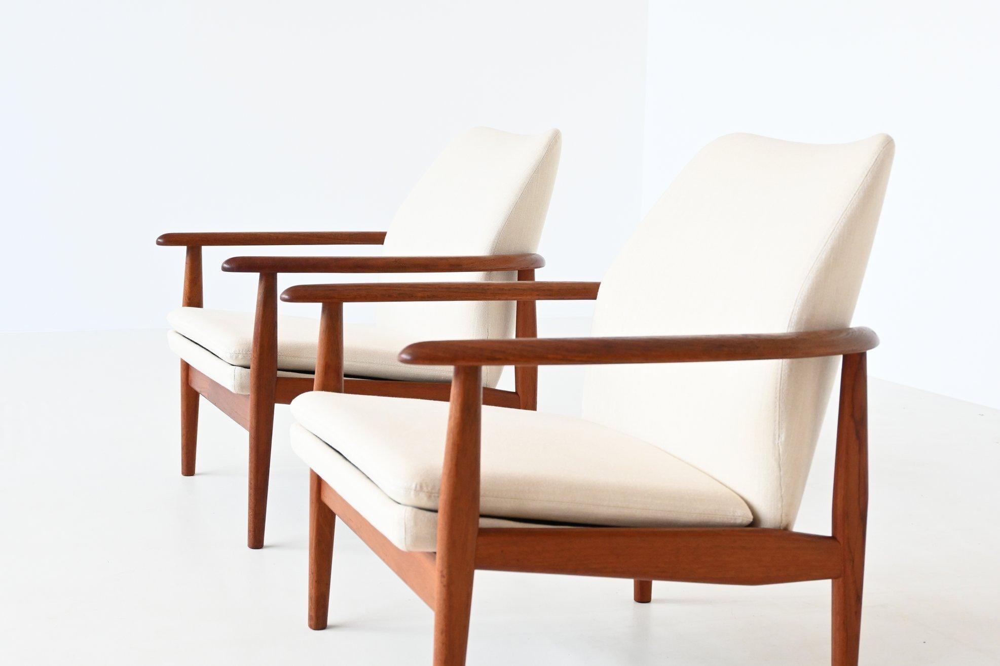 Mid-Century Modern Scandinavian Lounge Chairs Teak and Linen Denmark 1960