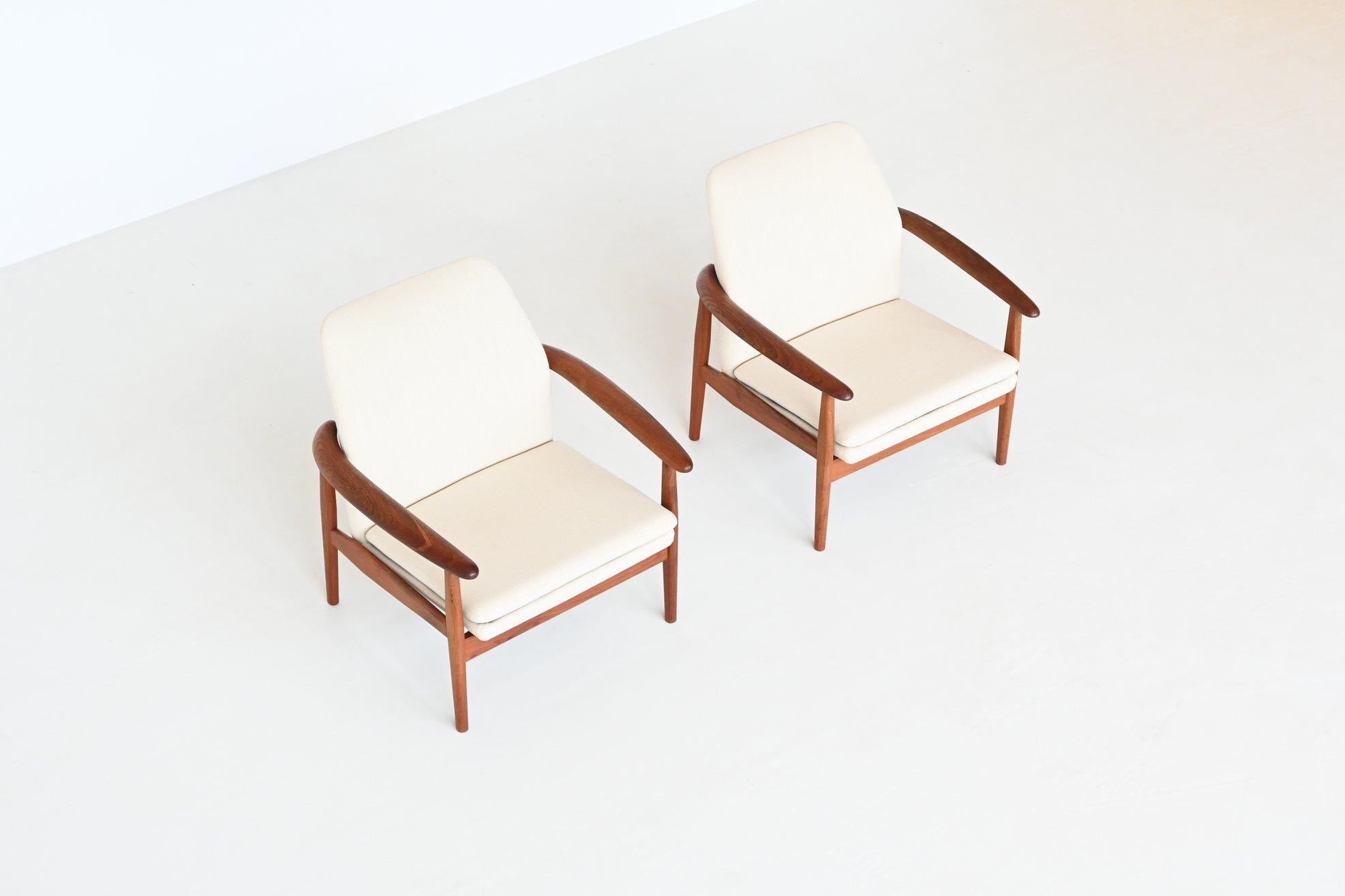 Danish Scandinavian Lounge Chairs Teak and Linen Denmark 1960
