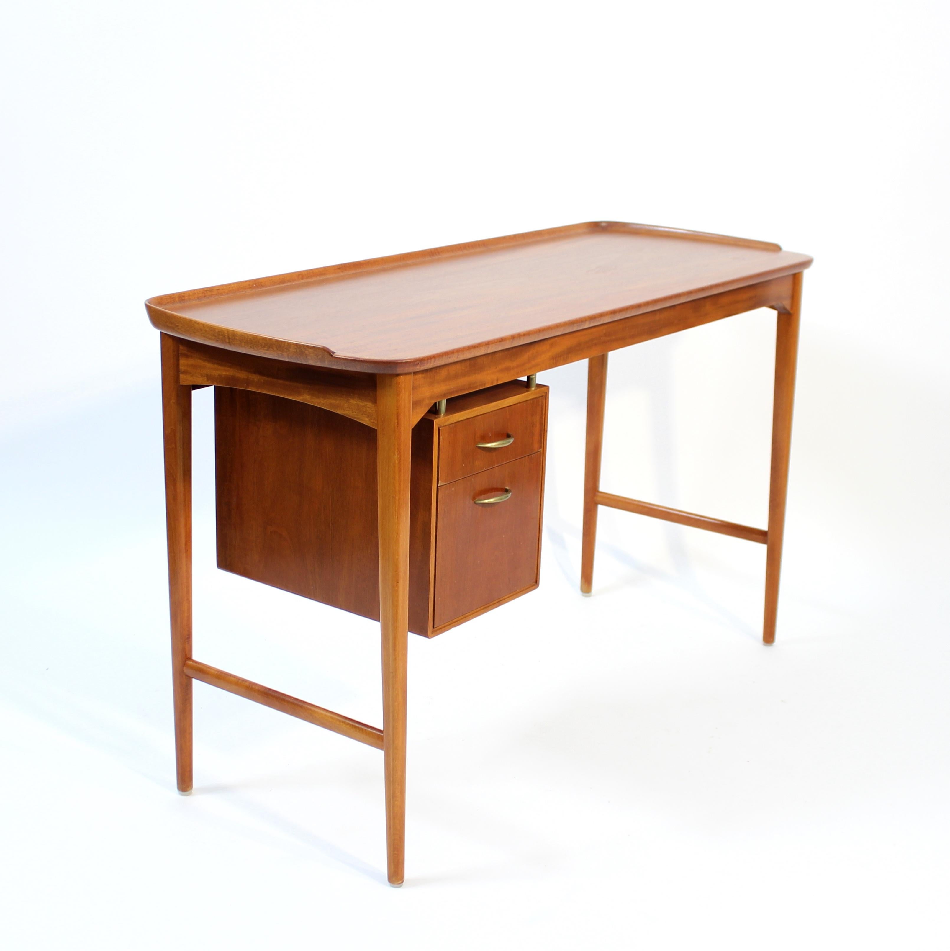 Swedish Scandinavian Mahogany free standing desk with two drawers, 1950s