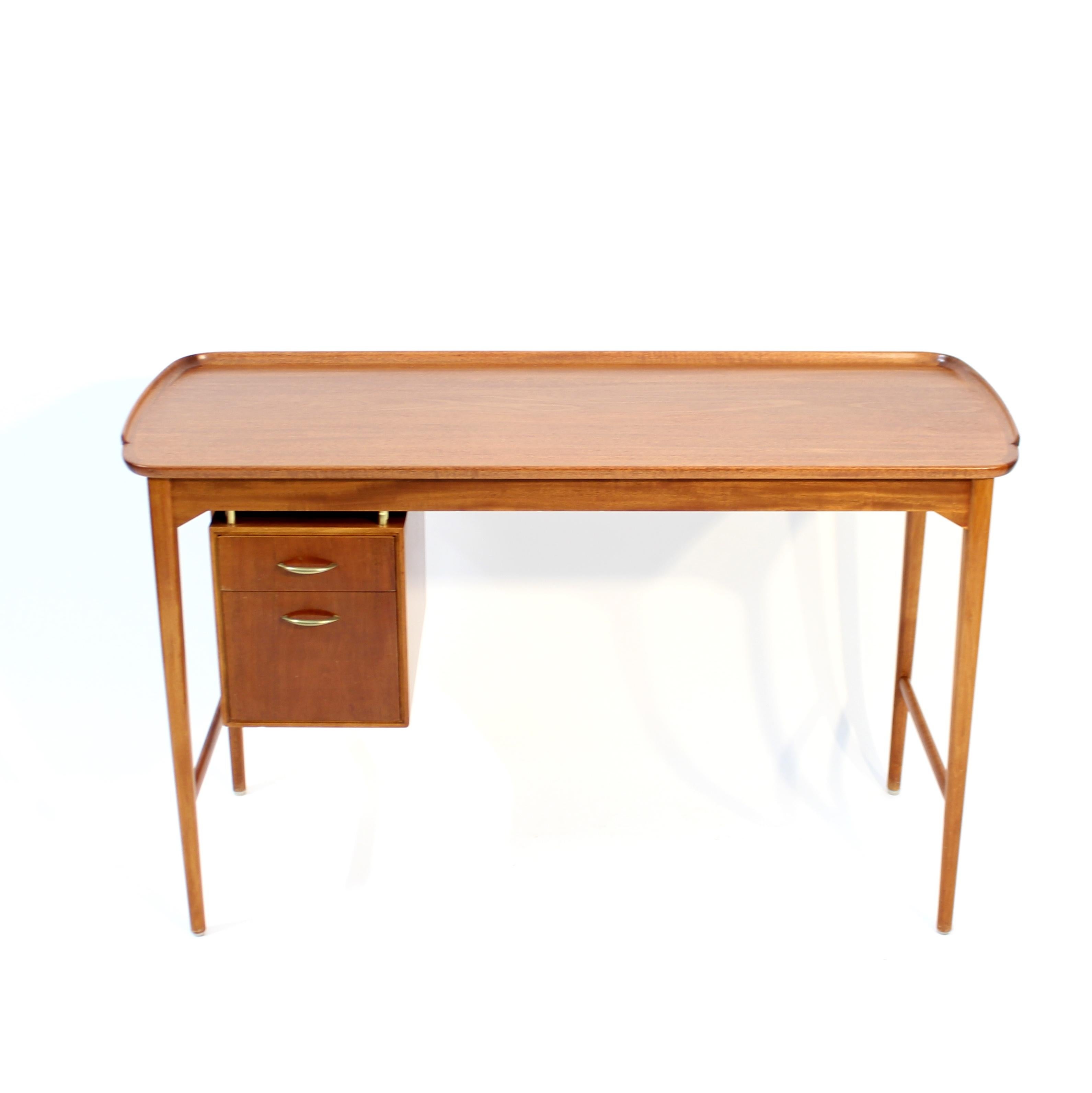 Brass Scandinavian Mahogany free standing desk with two drawers, 1950s