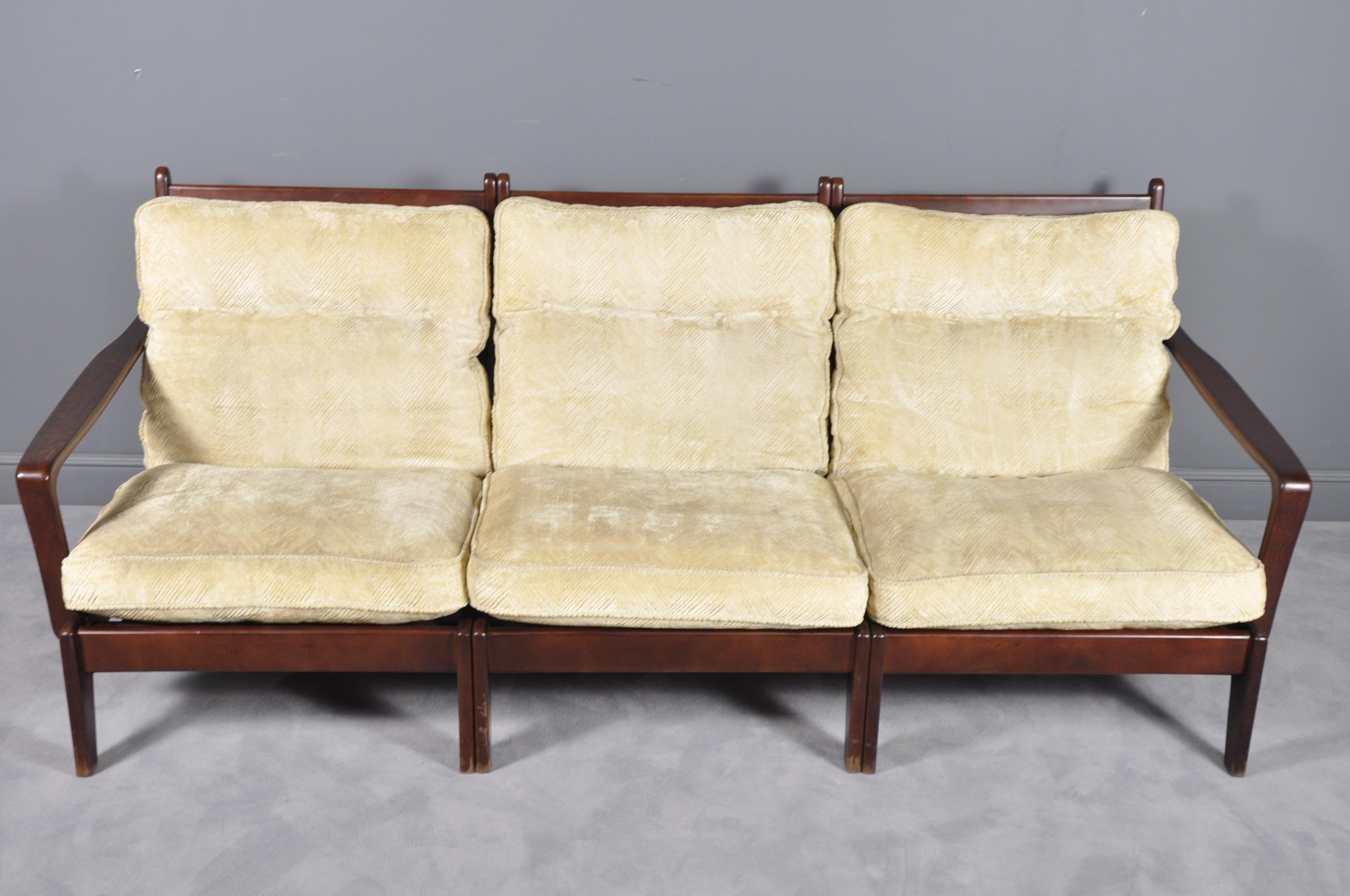 Velvet Scandinavian Mahogany Three Seater Sofa, 1970s For Sale