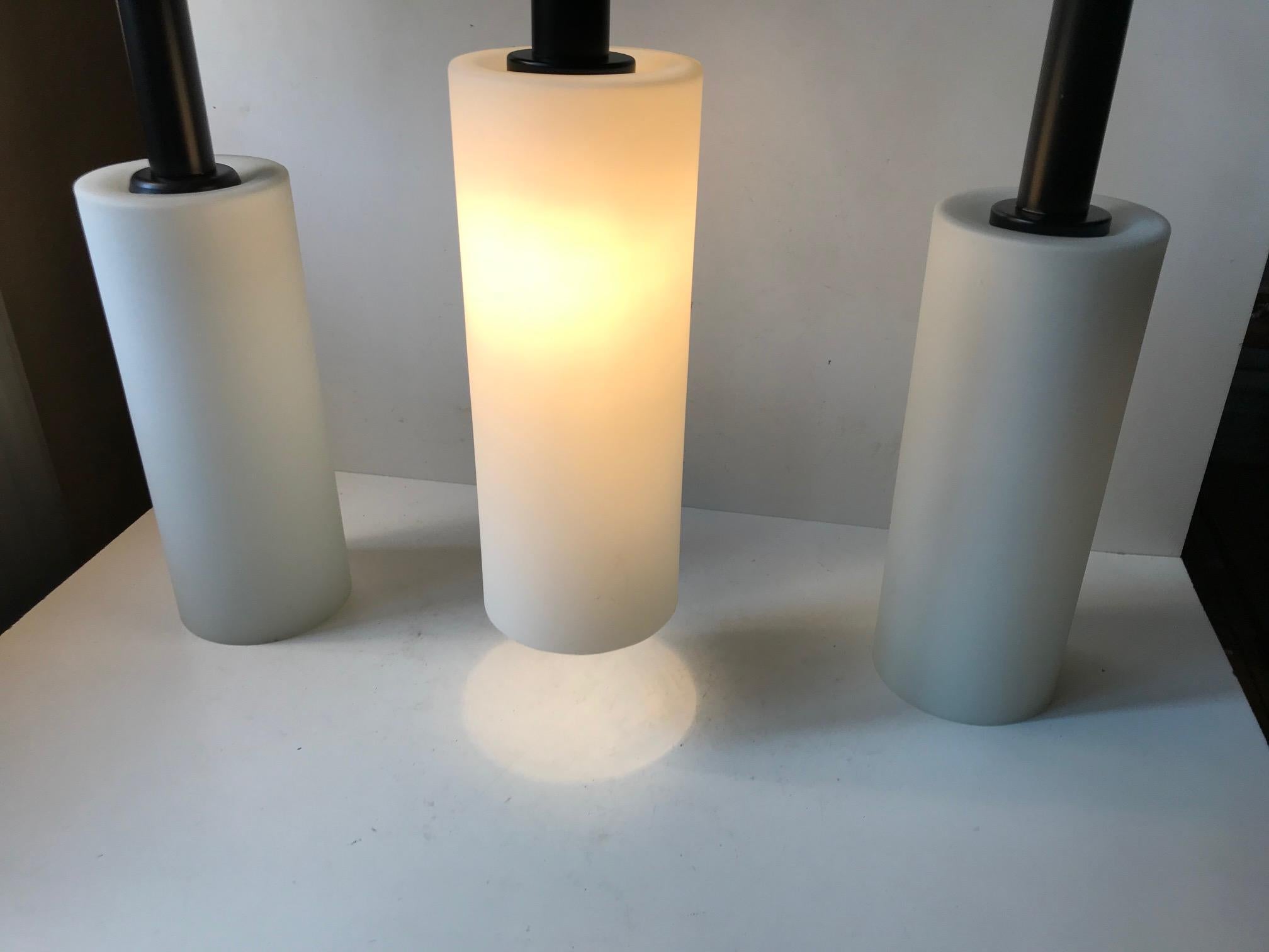 Metal Scandinavian 'Mallet' Pendant Lights in Opaline Glass by Lyfa, 1970s, Set of 3 For Sale