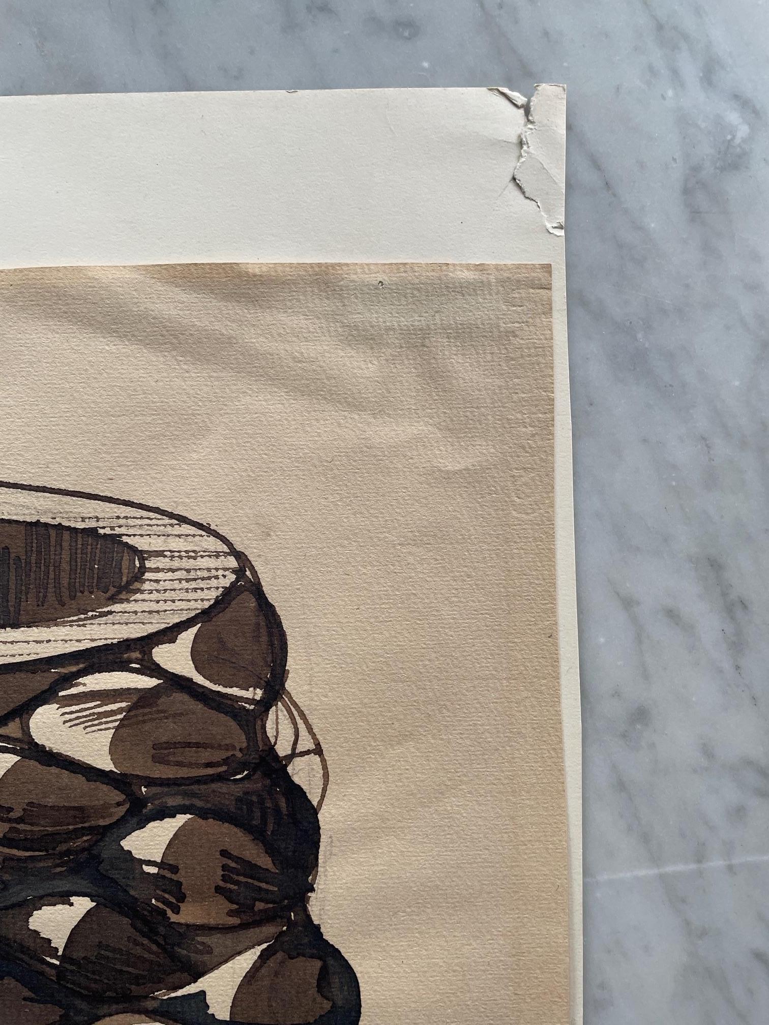 Skandinavische Meister Axel Salto Budding Vase, Aquarell auf Papier, Original-Kunstwerk im Zustand „Starke Gebrauchsspuren“ im Angebot in Hyattsville, MD