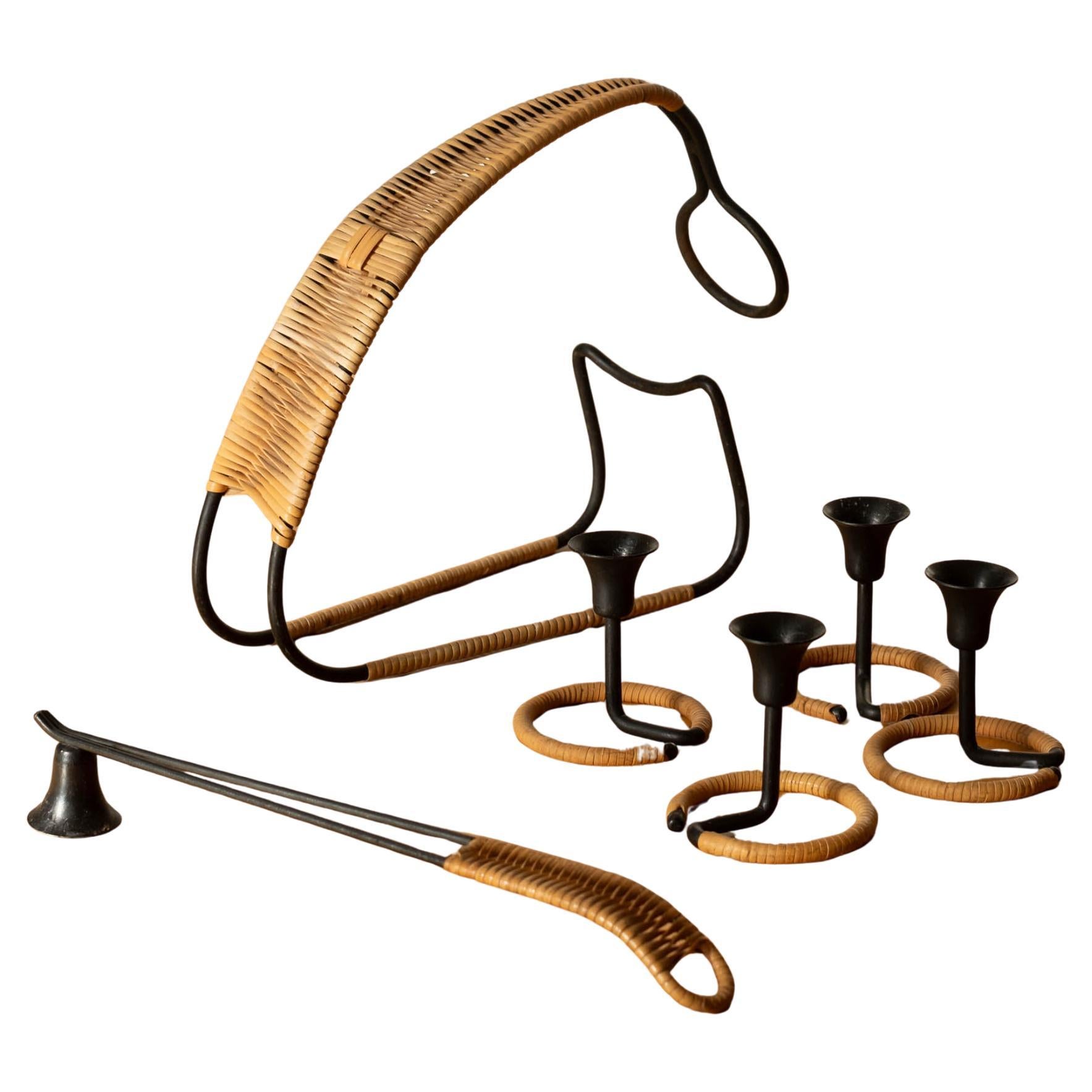 Scandinavian Metal and Cane Wrapped Candle Holders Snuffer Wine Holder Danish For Sale