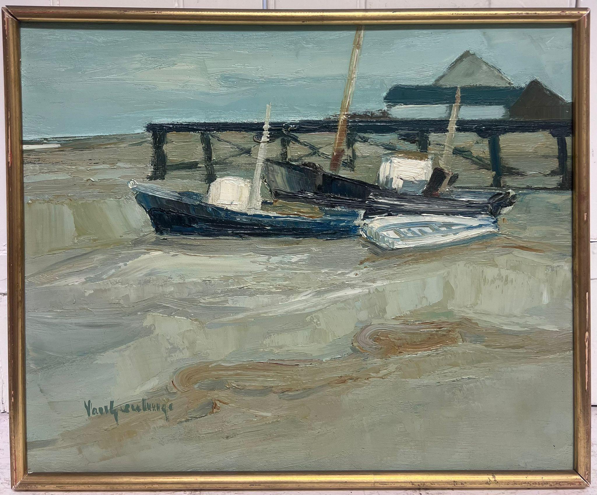1950's Scandinavian Oil Painting on Canvas Moody Atmospheric Beach Jetty - Gray Landscape Painting by Scandinavian mid 20th century
