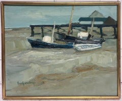 1950's Scandinavian Oil Painting on Canvas Moody Atmospheric Beach Jetty