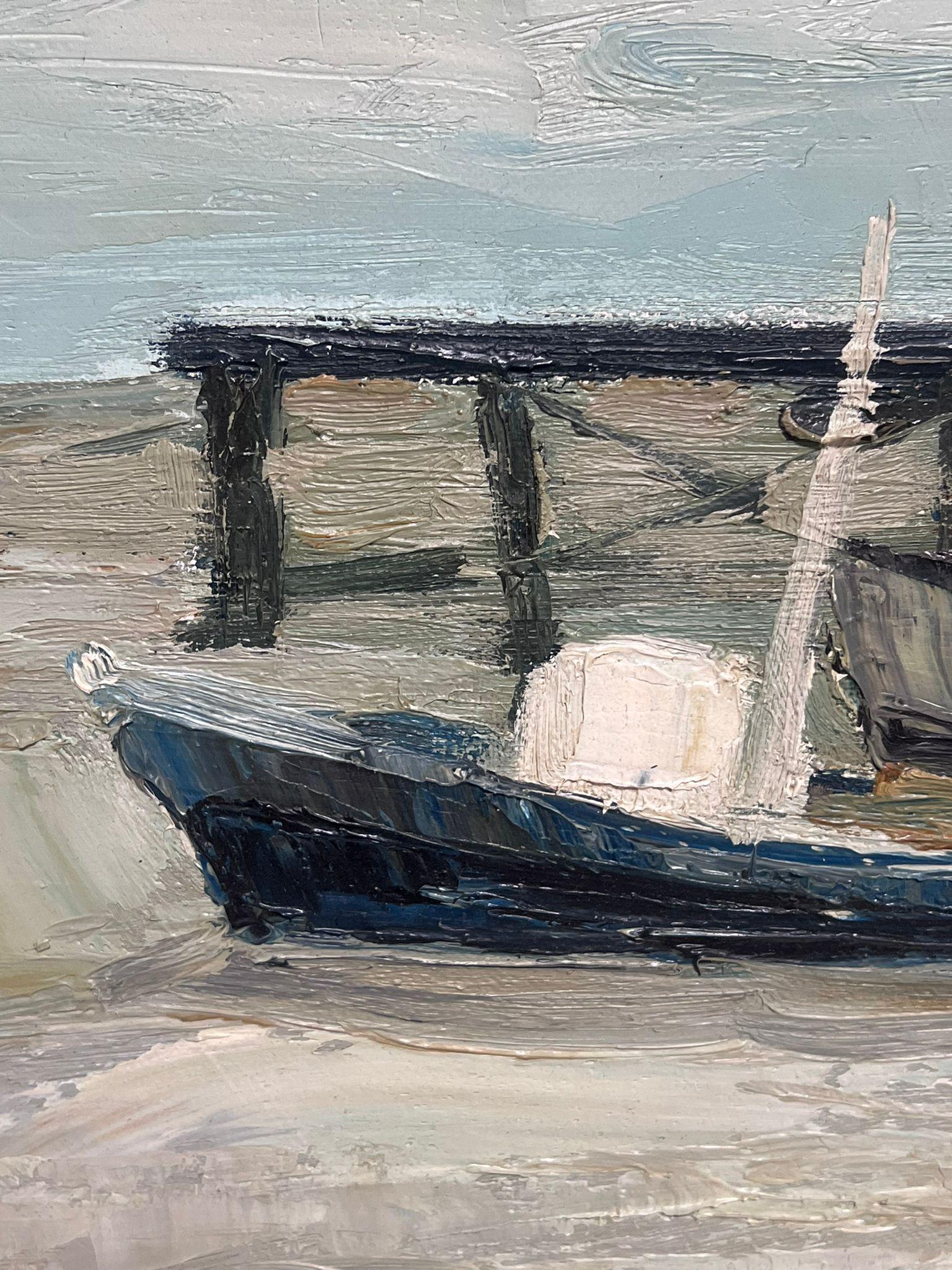 1950's Scandinavian Oil Painting on Canvas Moody Atmospheric Beach Jetty For Sale 2