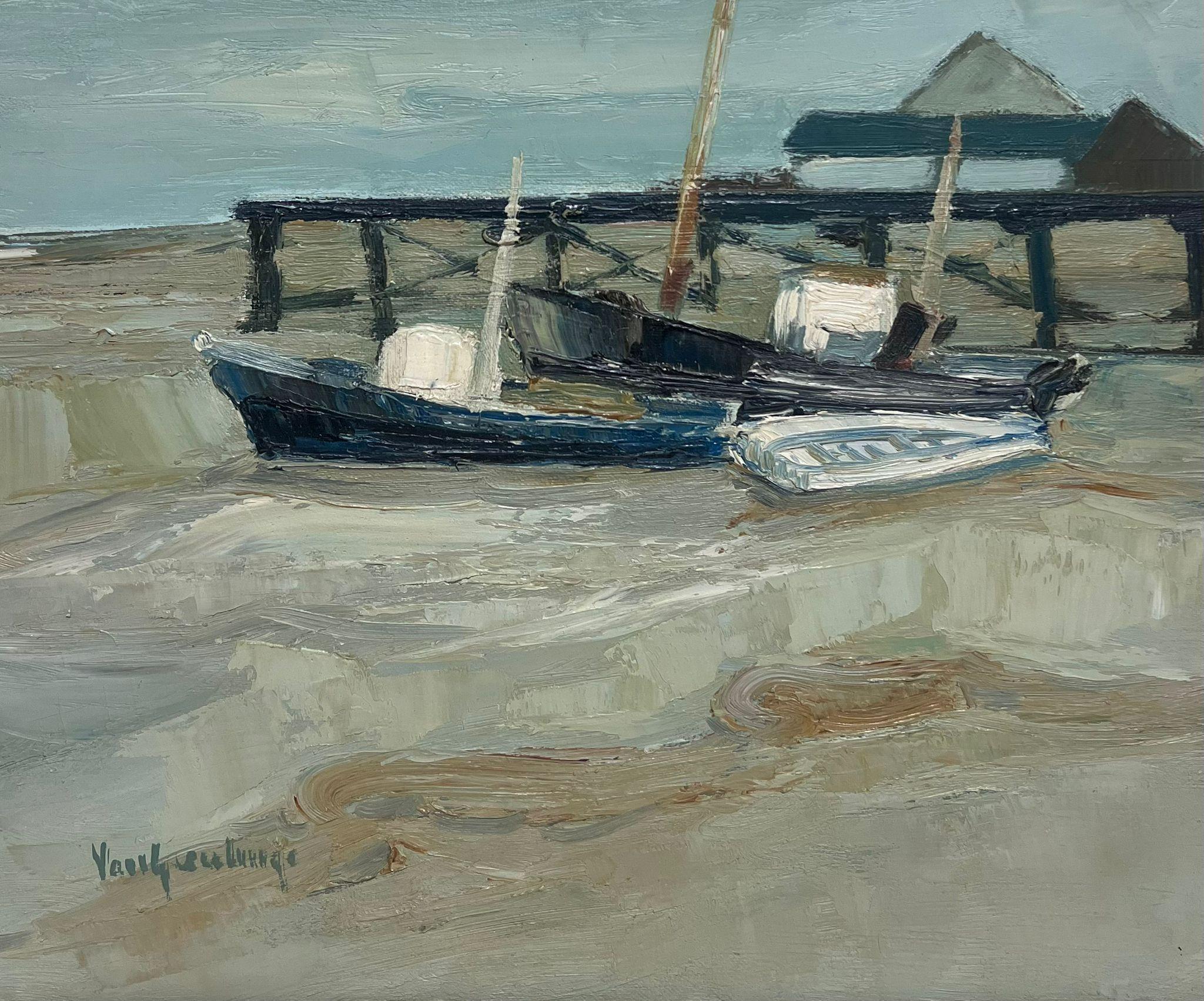Scandinavian mid 20th century Landscape Painting - 1950's Scandinavian Oil Painting on Canvas Moody Atmospheric Beach Jetty