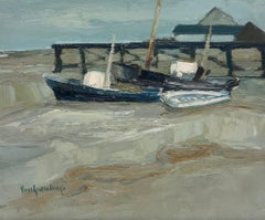 1950's Scandinavian Oil Painting on Canvas Moody Atmospheric Beach Jetty