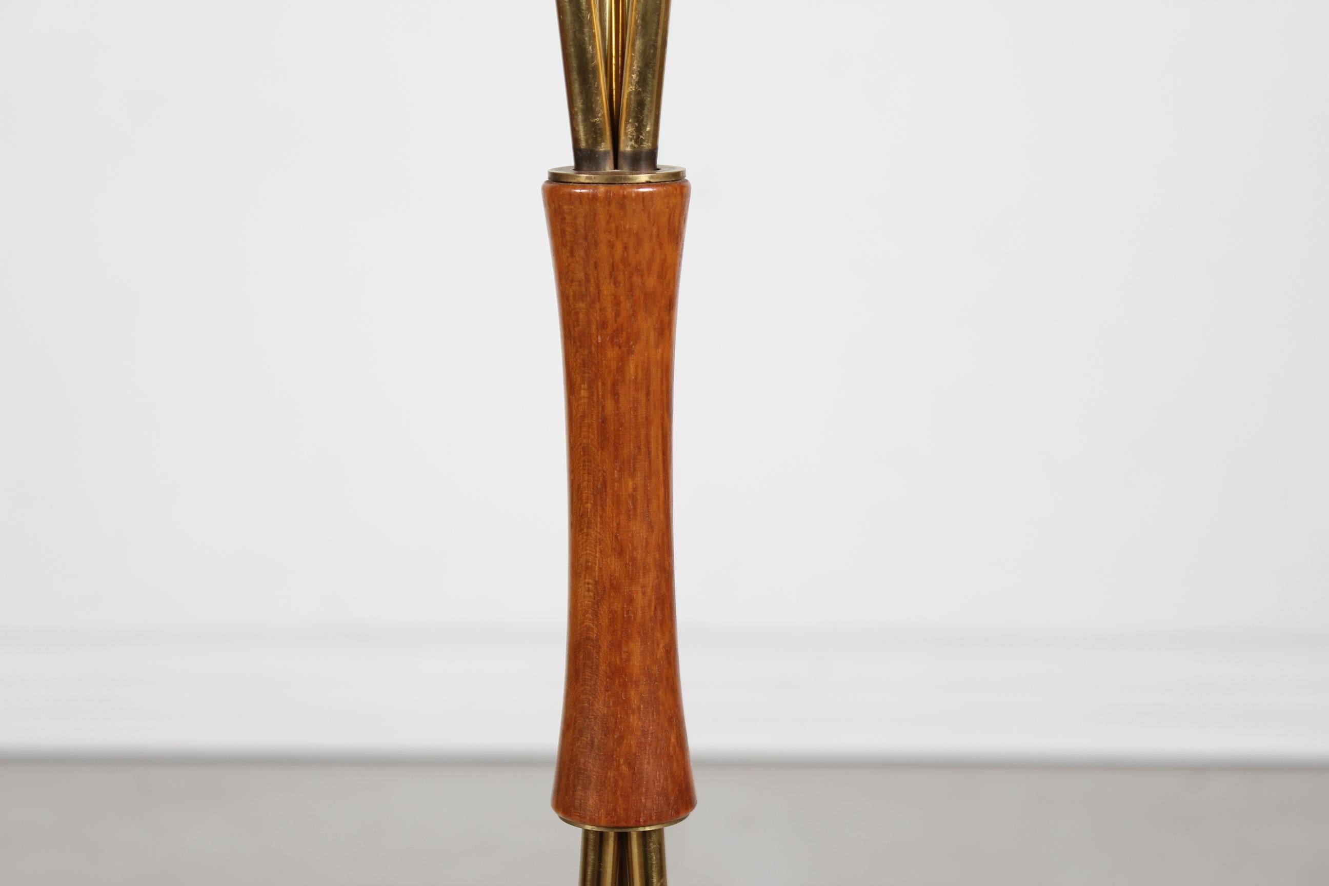 Scandinavian Modern Scandinavian Mid Century 1960s Floor Lamp of Brass and Teak with 3 New Shades  For Sale