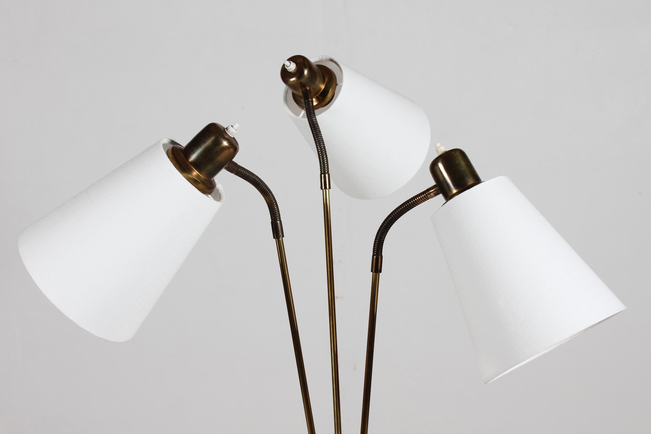 Swedish Scandinavian Mid Century 1960s Floor Lamp of Brass and Teak with 3 New Shades  For Sale