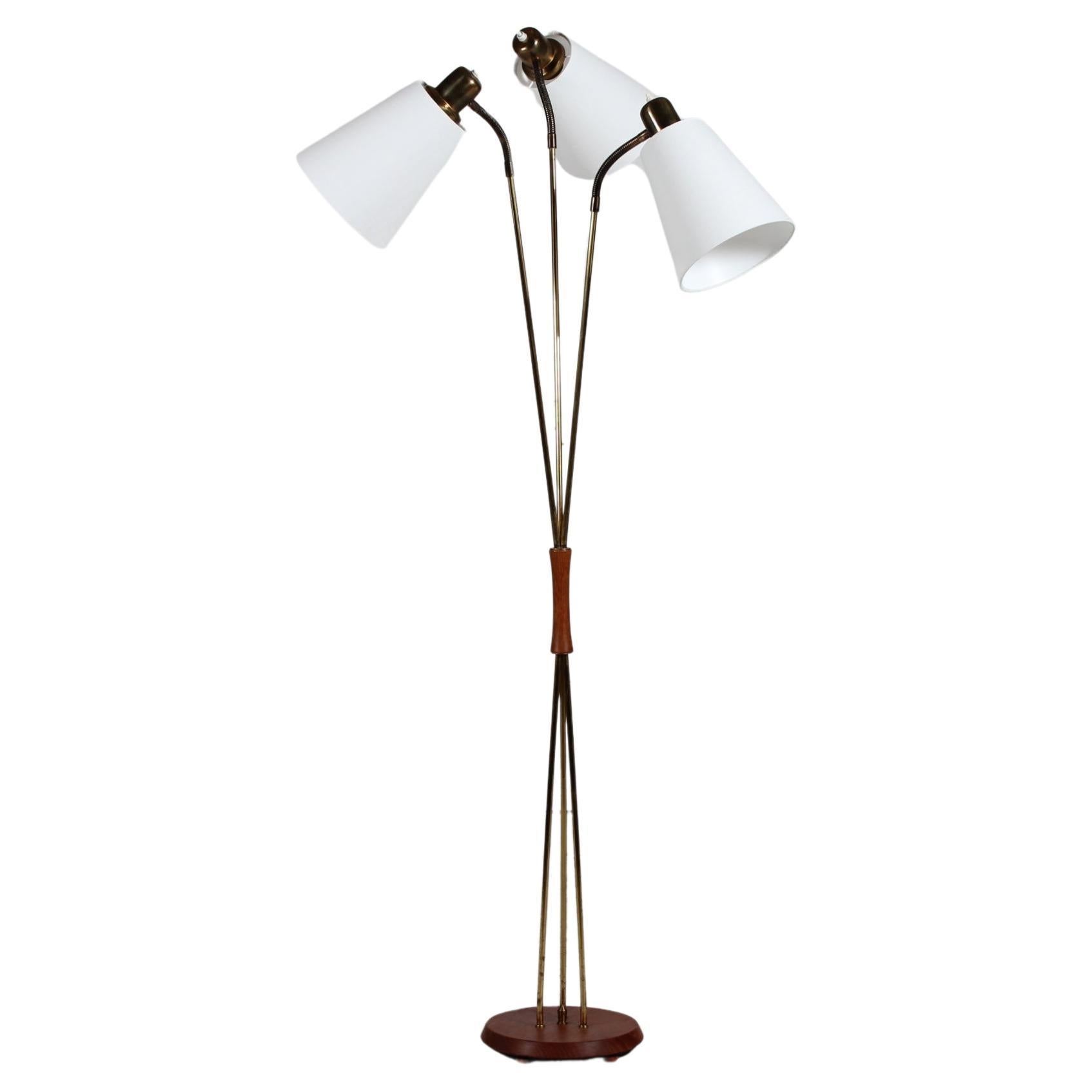 Scandinavian Mid Century 1960s Floor Lamp of Brass and Teak with 3 New Shades  For Sale