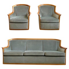 Retro Scandinavian Mid-century 1960s Three Piece Suite, Solid Cherry Wood and Velvet