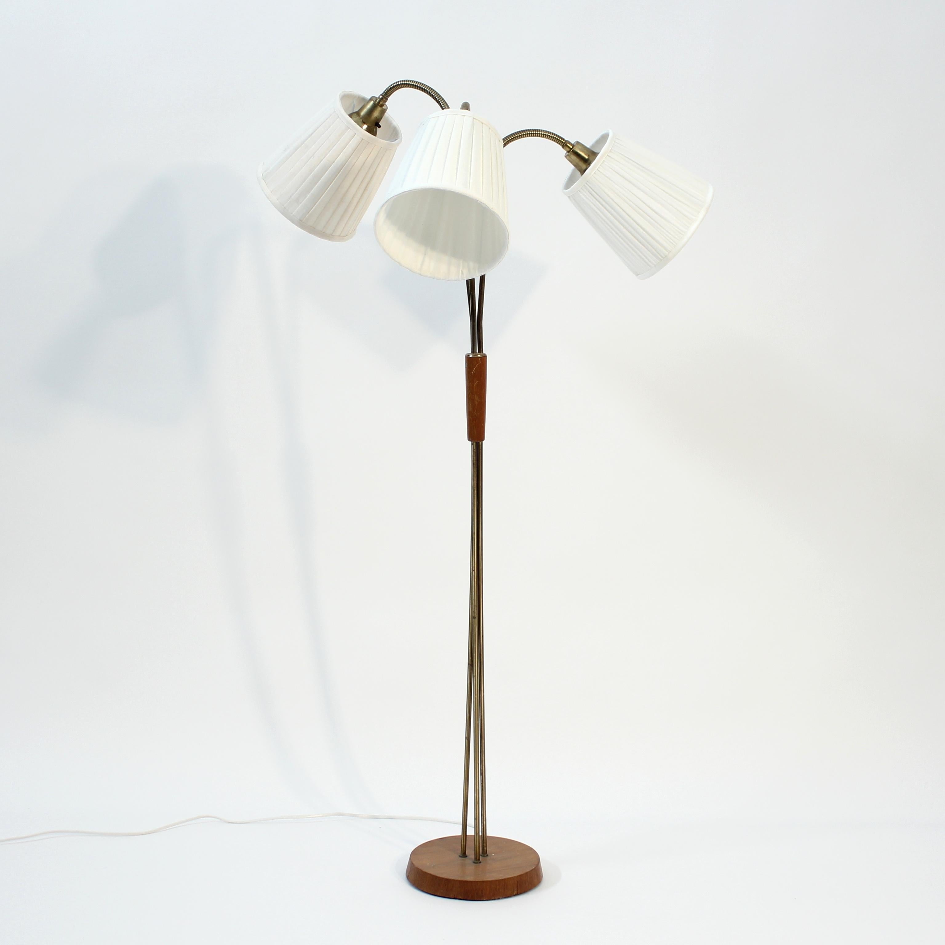 Scandinavian Modern Scandinavian mid-century 3-light floor lamp, teak and brass, 1950s For Sale