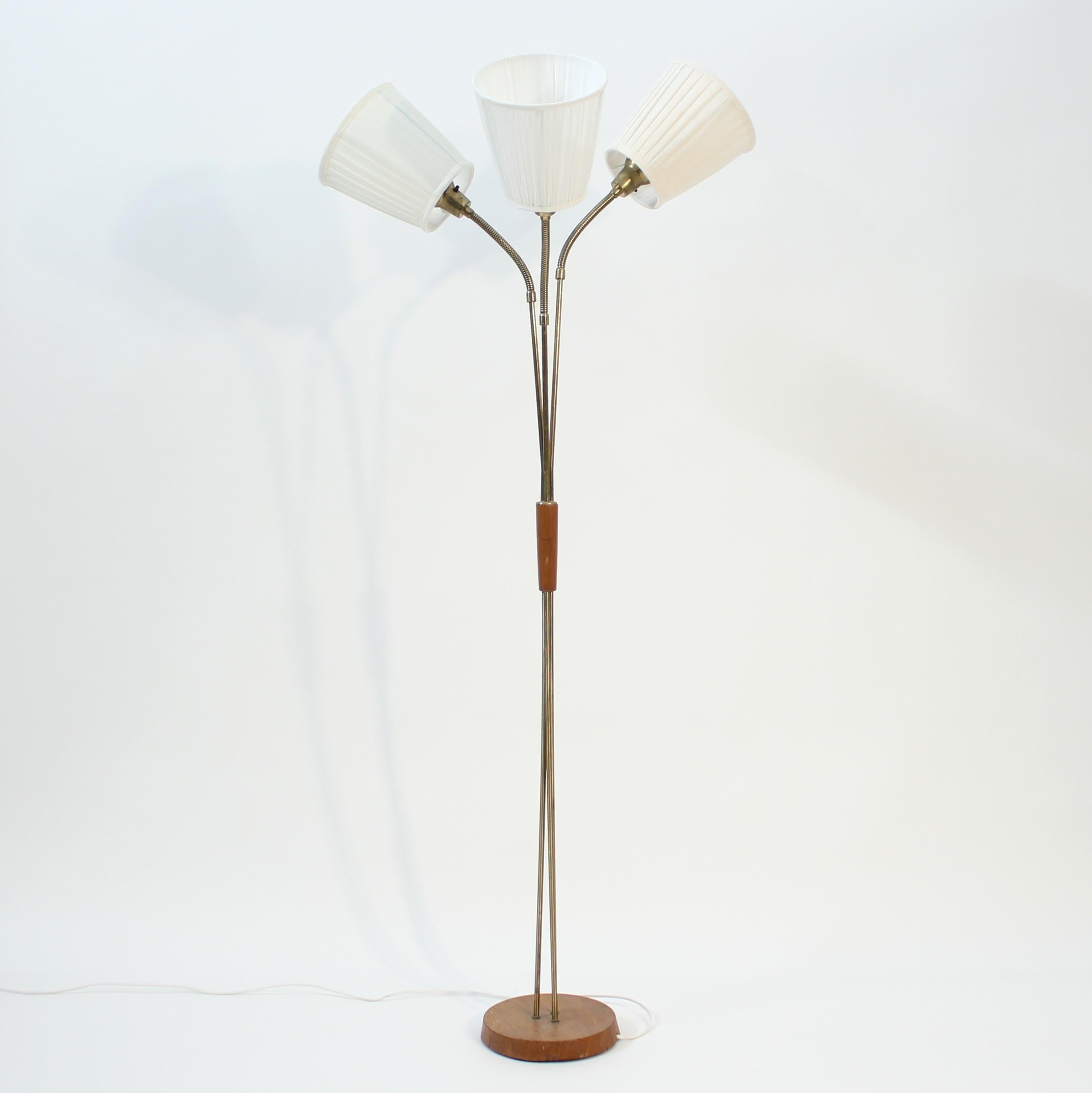 Swedish Scandinavian mid-century 3-light floor lamp, teak and brass, 1950s