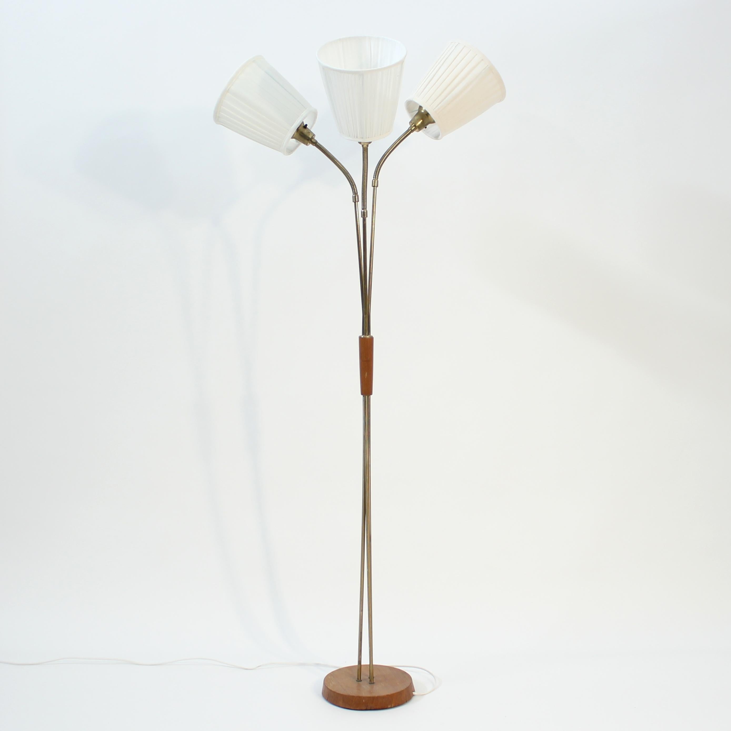 Swedish Scandinavian mid-century 3-light floor lamp, teak and brass, 1950s For Sale