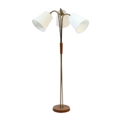 Scandinavian mid-century 3-light floor lamp, teak and brass, 1950s