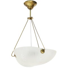 Scandinavian Mid-Century Art Deco Frosted Glass & Brass Bowl Chandelier