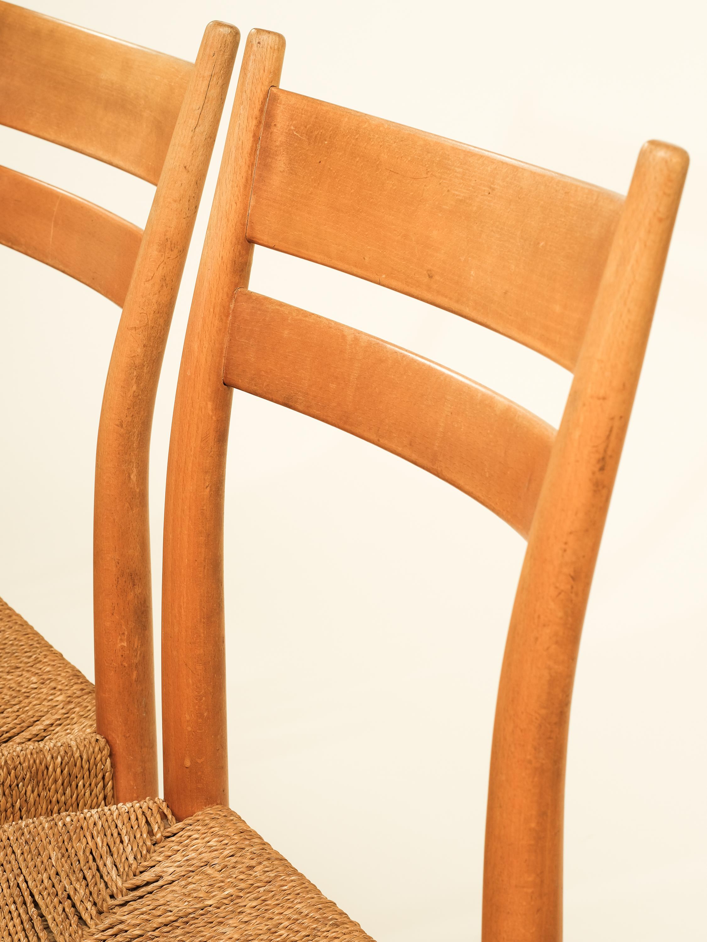 Corda Sedie da pranzo scandinave di metà secolo in Beeche con sedile in corda, set da 4 in vendita