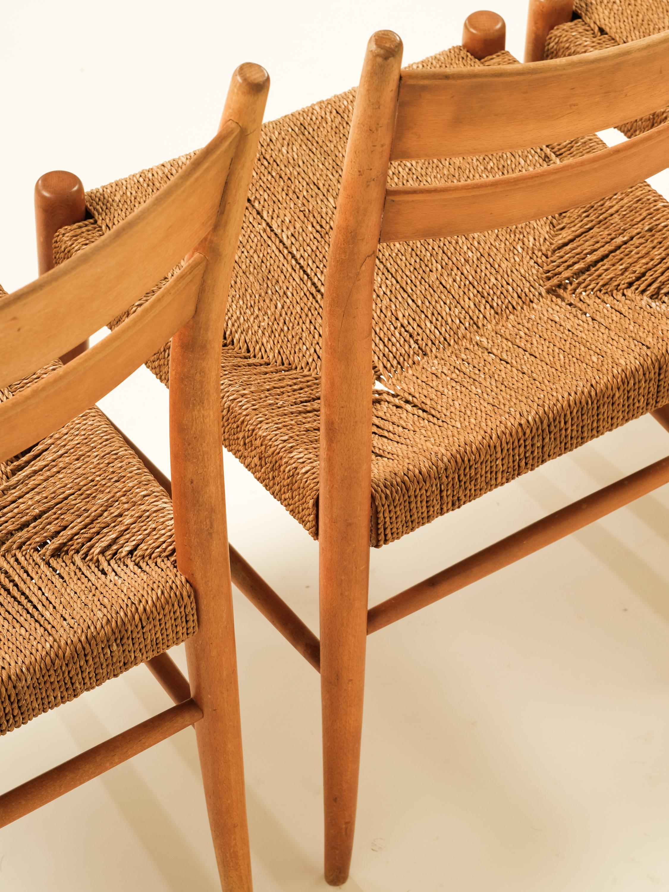 Sedie da pranzo scandinave di metà secolo in Beeche con sedile in corda, set da 4 in vendita 2