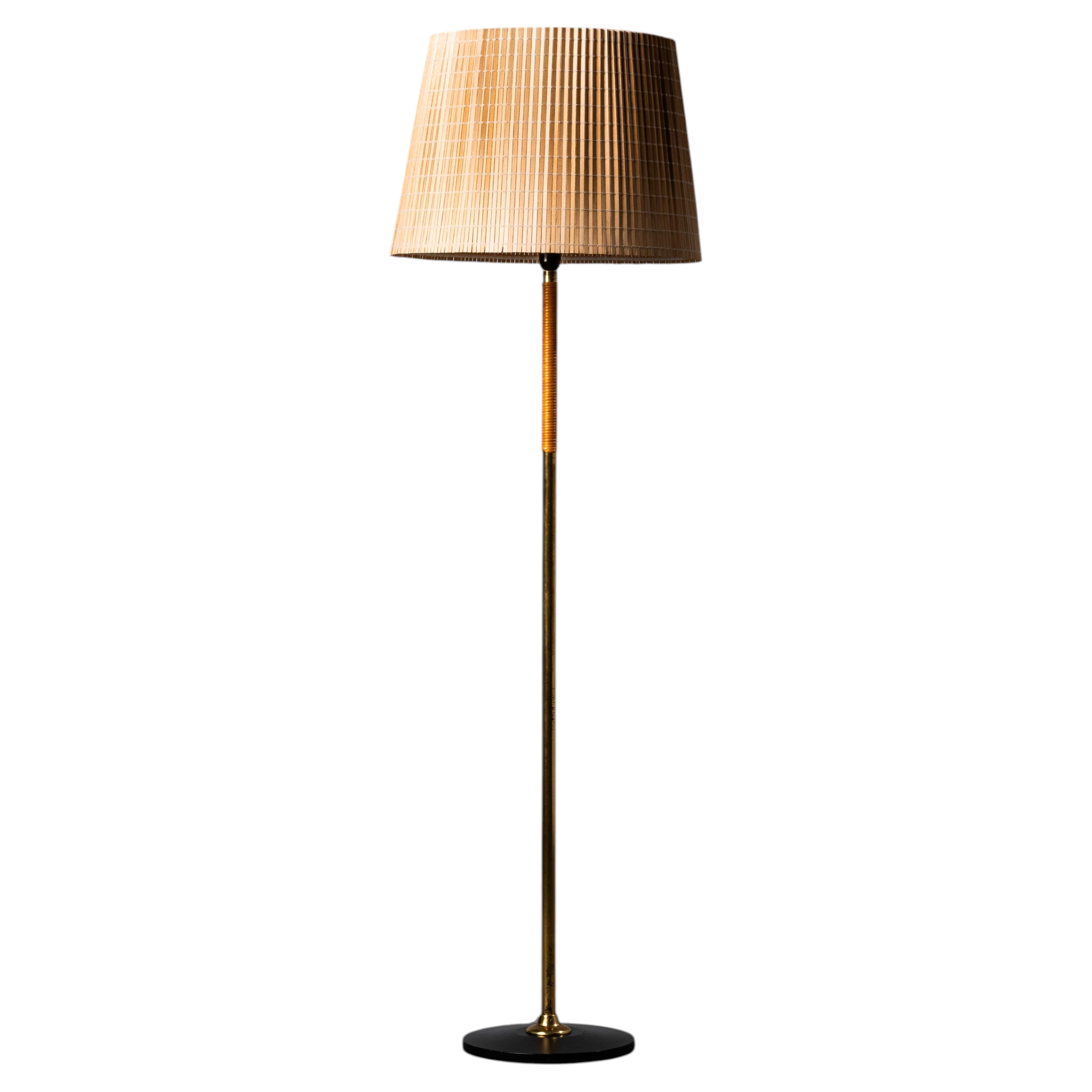 Scandinavian Mid-Century Brass & Rattan Floor Lamp, 1950s