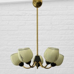 Scandinavian mid century chandelier, brass & glass, five arms, Sweden, 1940s