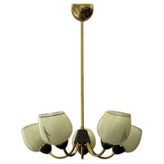 Scandinavian mid century chandelier, brass & glass, five arms, Sweden, 1940s