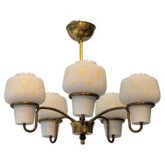 Scandinavian mid century chandelier, brass & glass, five arms, Sweden, 1950s