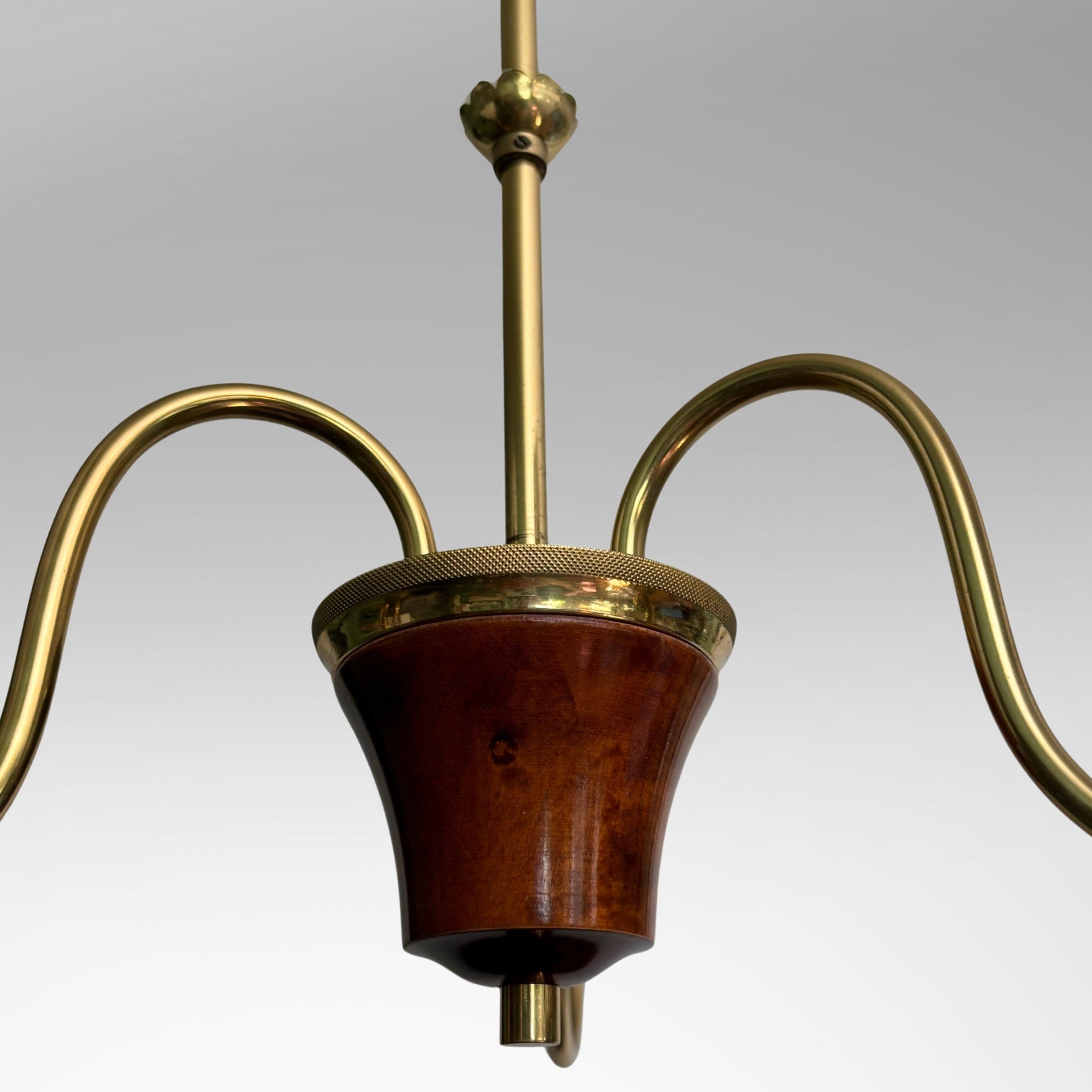 Scandinavian mid century chandelier, brass, walnut and glass, Sweden, 1940s For Sale 3