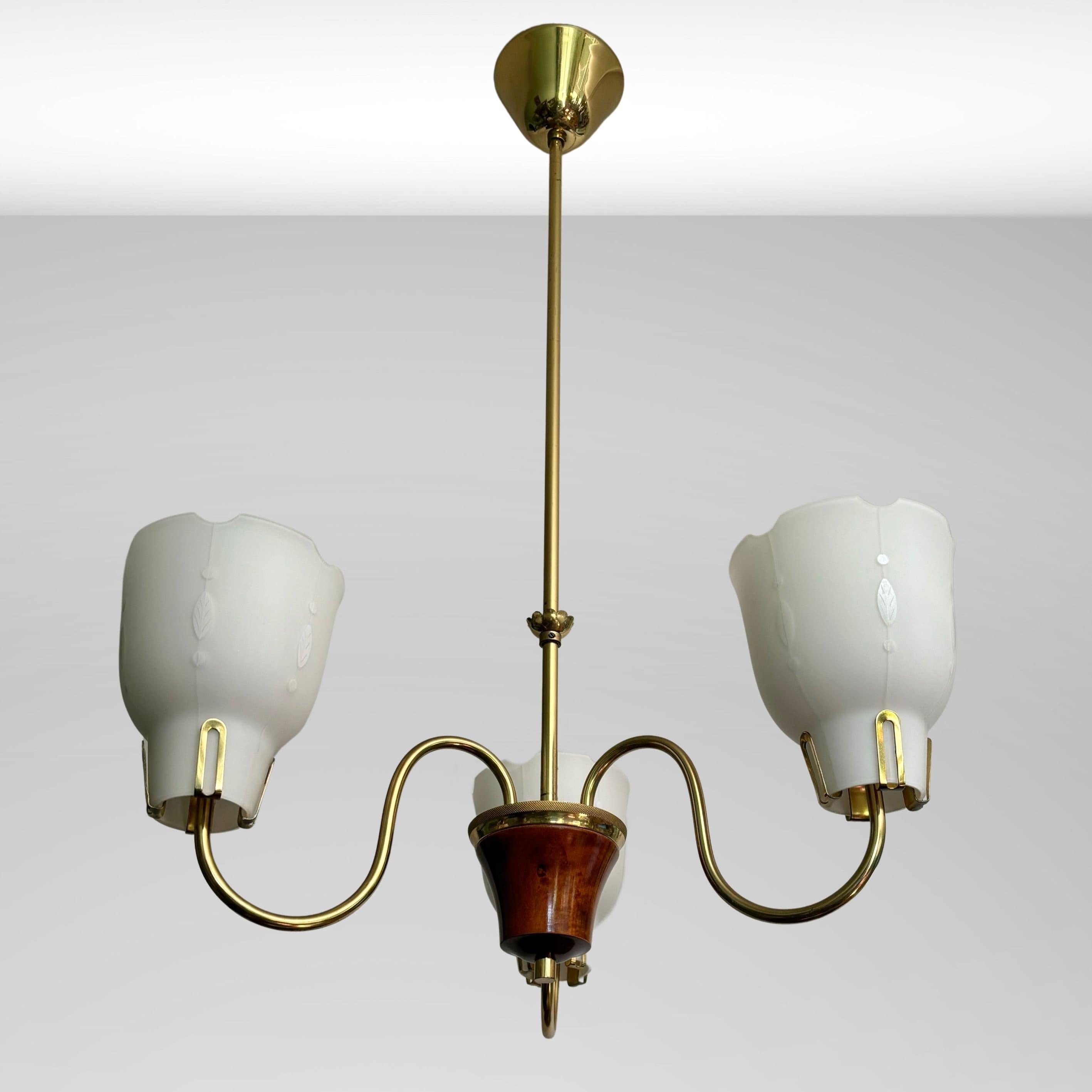 Swedish Scandinavian mid century chandelier, brass, walnut and glass, Sweden, 1940s For Sale