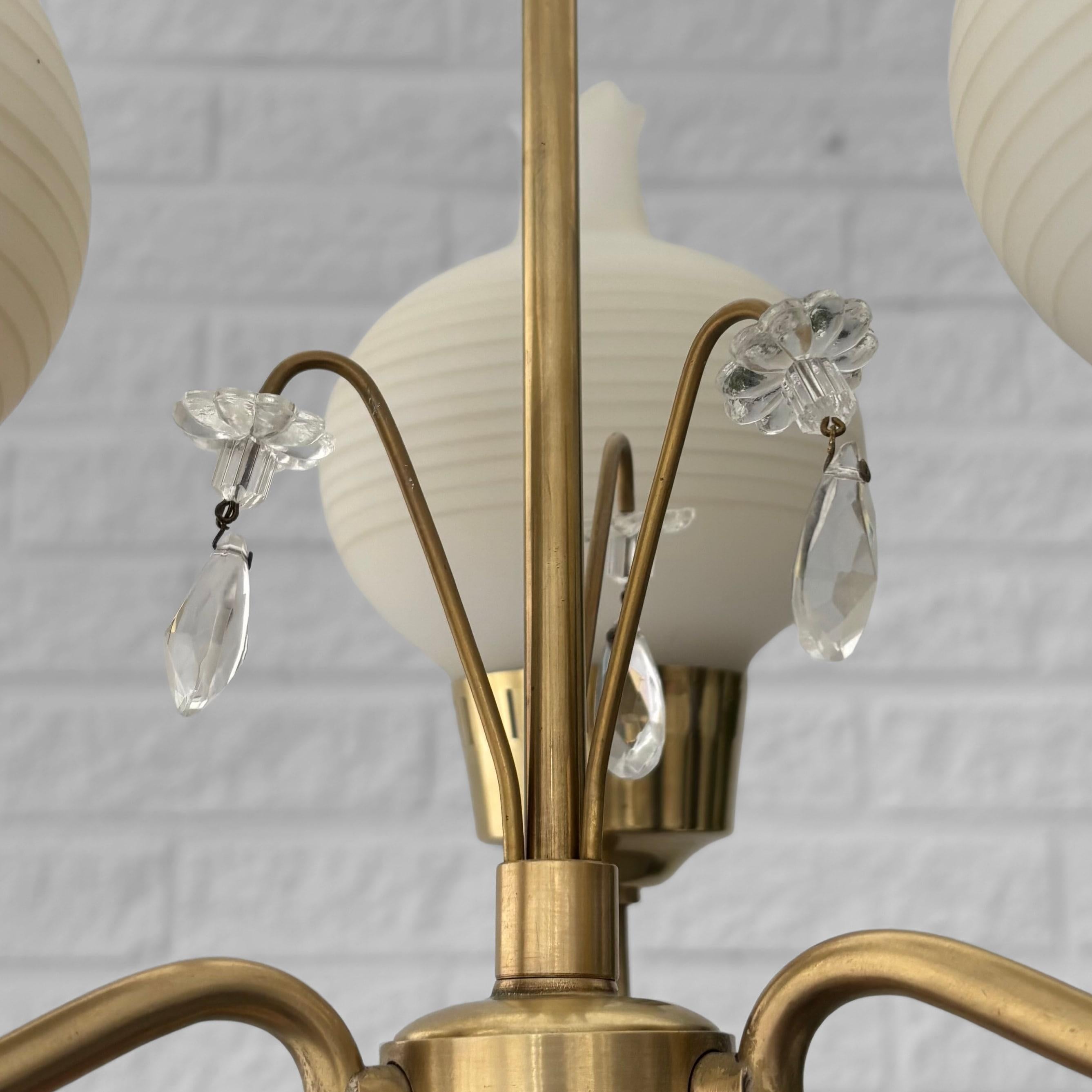Scandinavian mid-century chandelier, brass with crystal prisms, Sweden, 1940s 3