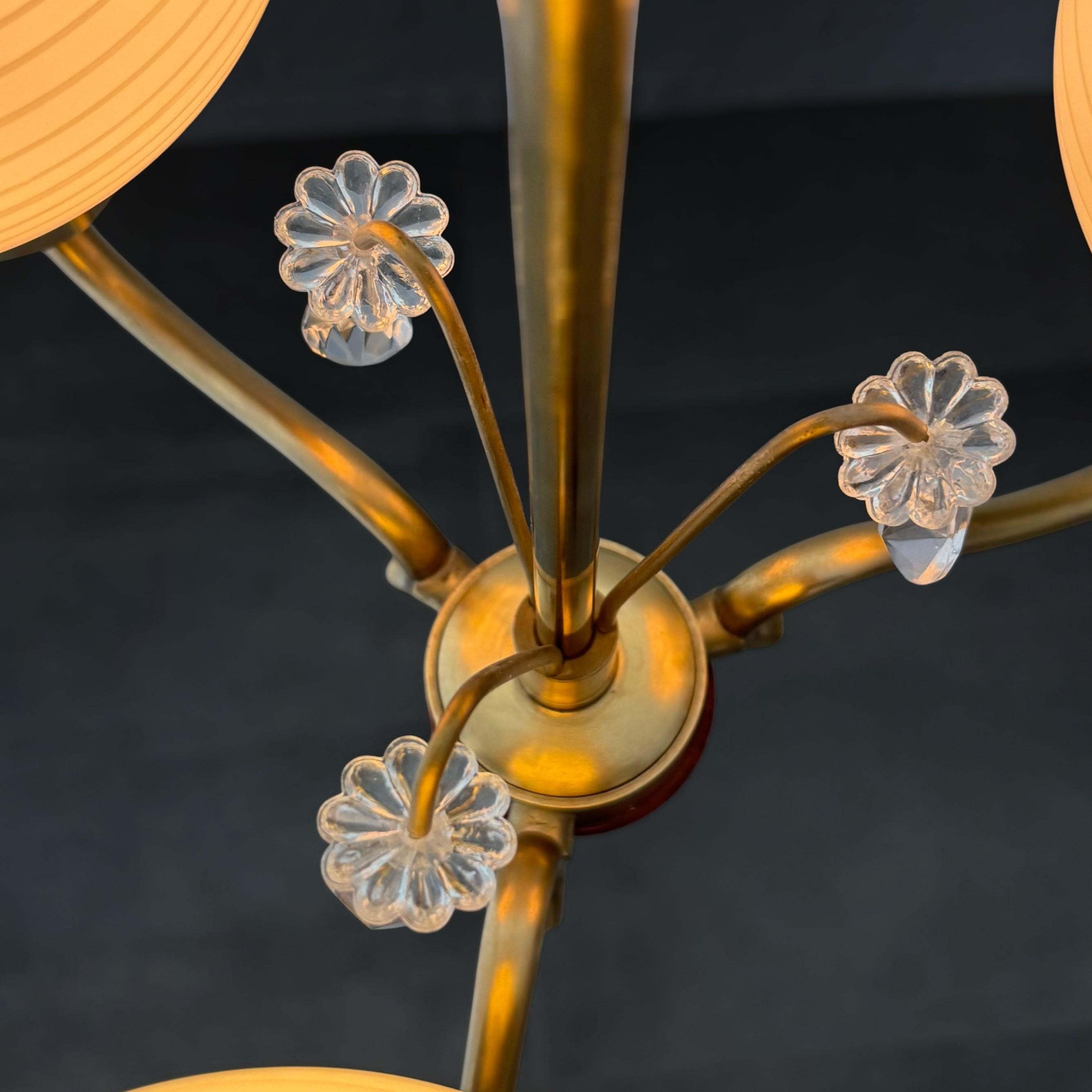 Scandinavian mid-century chandelier, brass with crystal prisms, Sweden, 1940s 5