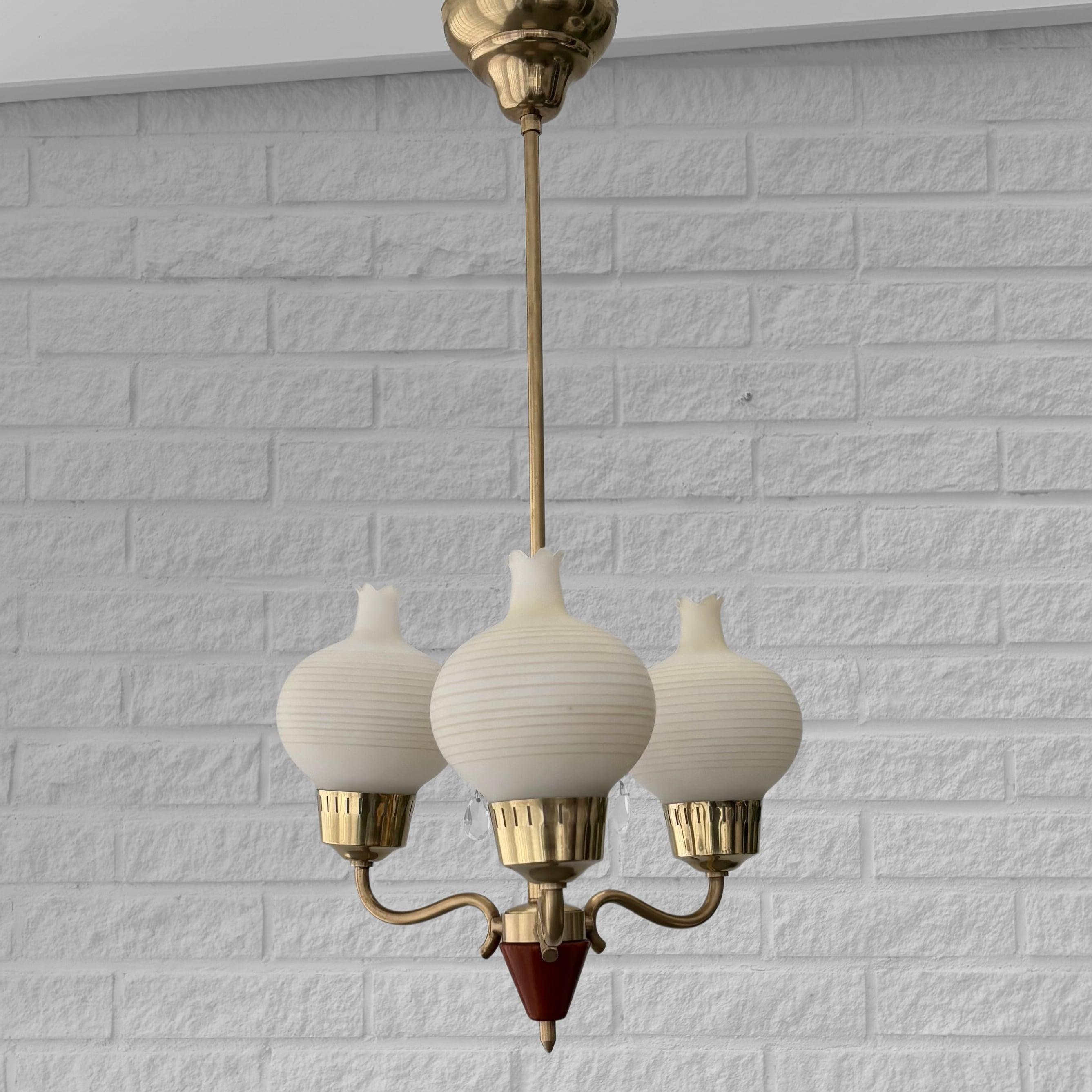 Swedish Scandinavian mid-century chandelier, brass with crystal prisms, Sweden, 1940s