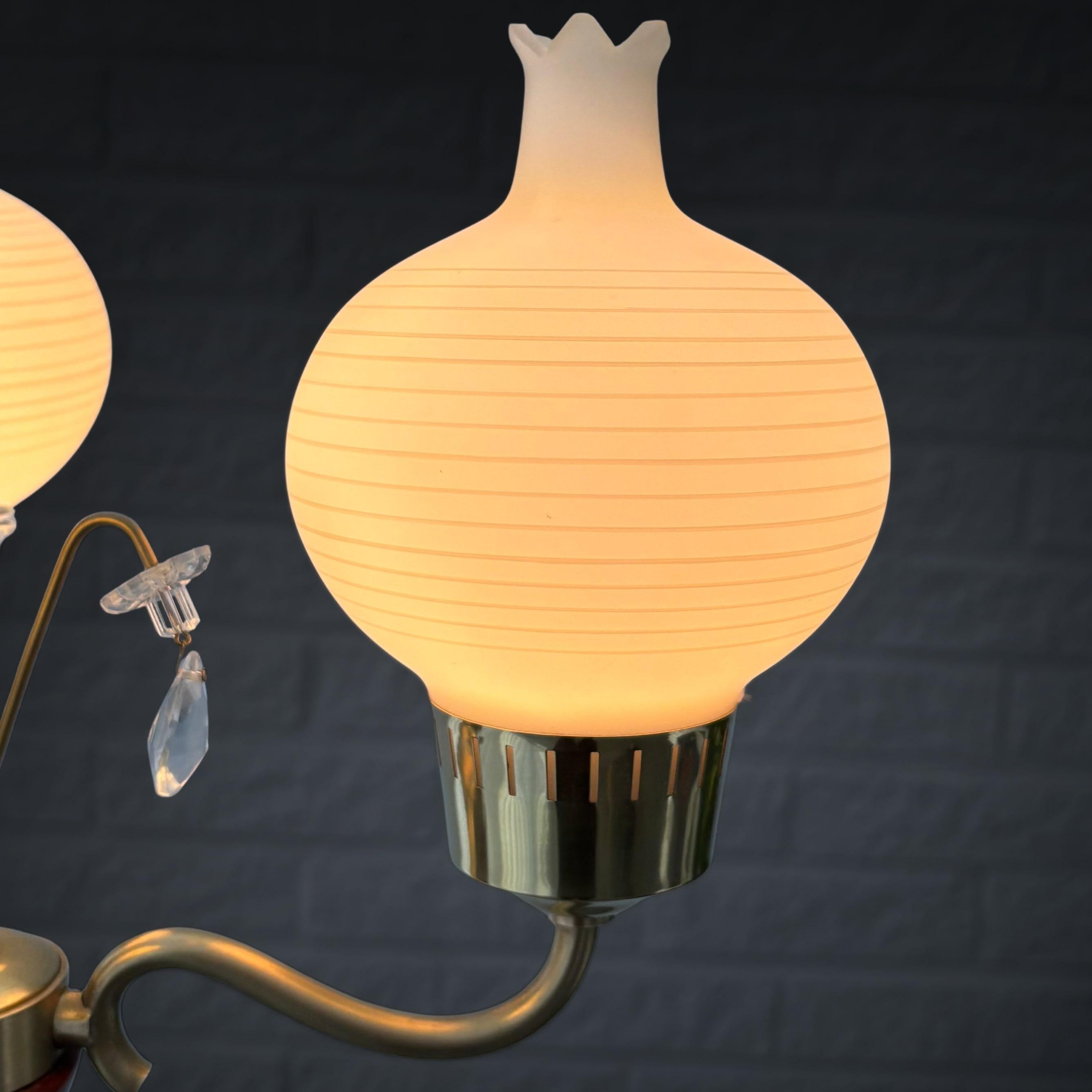 Brass Scandinavian mid-century chandelier, brass with crystal prisms, Sweden, 1940s