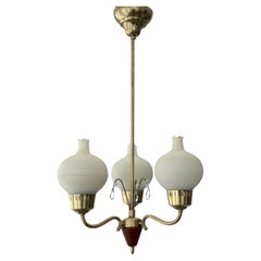 Scandinavian mid-century chandelier, brass with crystal prisms, Sweden, 1940s
