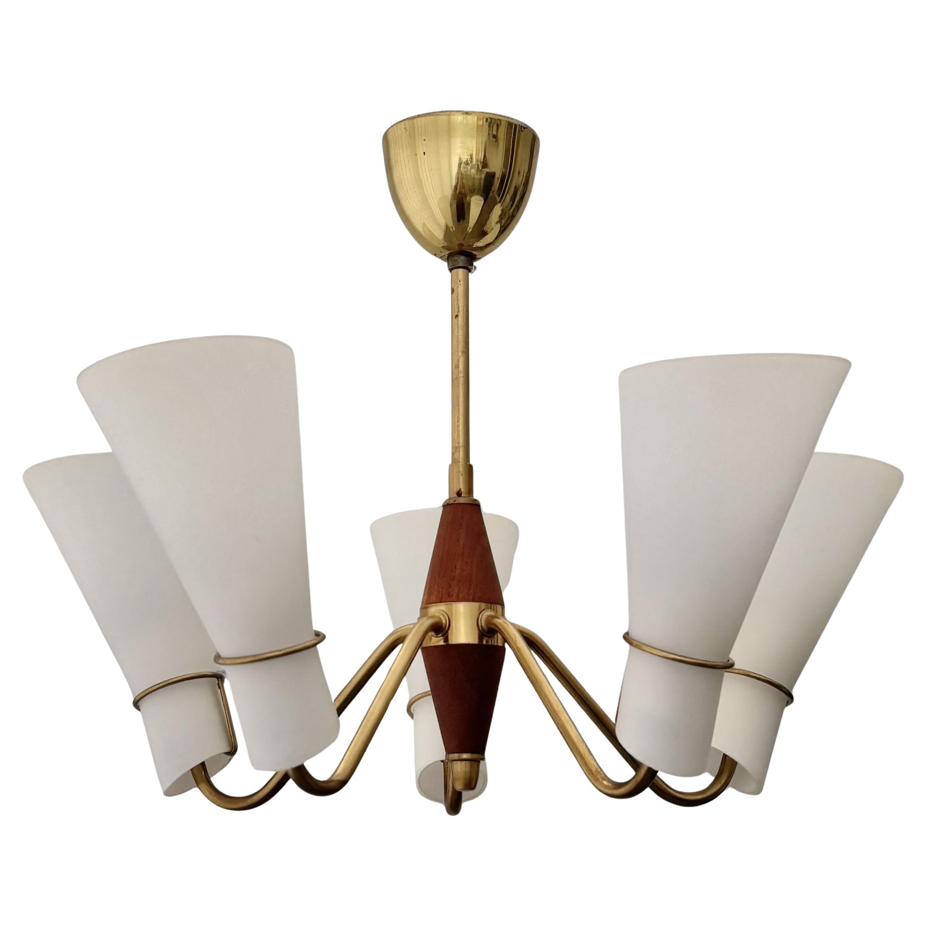 Scandinavian mid-century chandelier, cone shaped shades, Sweden, 1950s