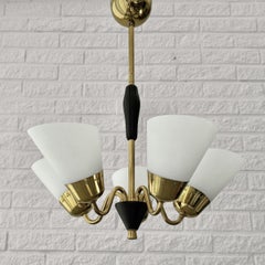 Scandinavian mid-century chandelier, five arms, brass & glass, Sweden, 1940s