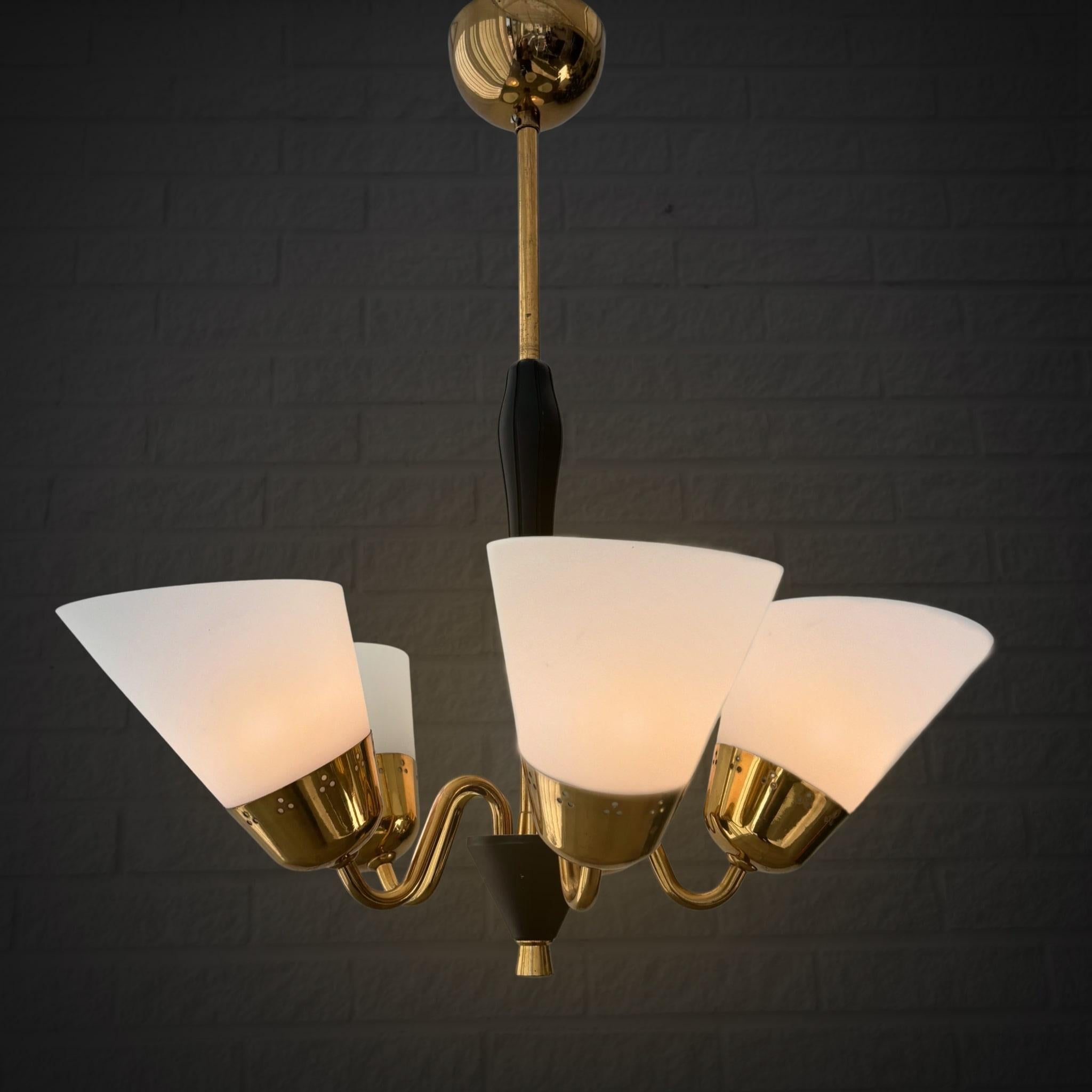 Scandinavian Modern Scandinavian mid-century chandelier, five arms, brass & glass, Sweden, 1940s For Sale