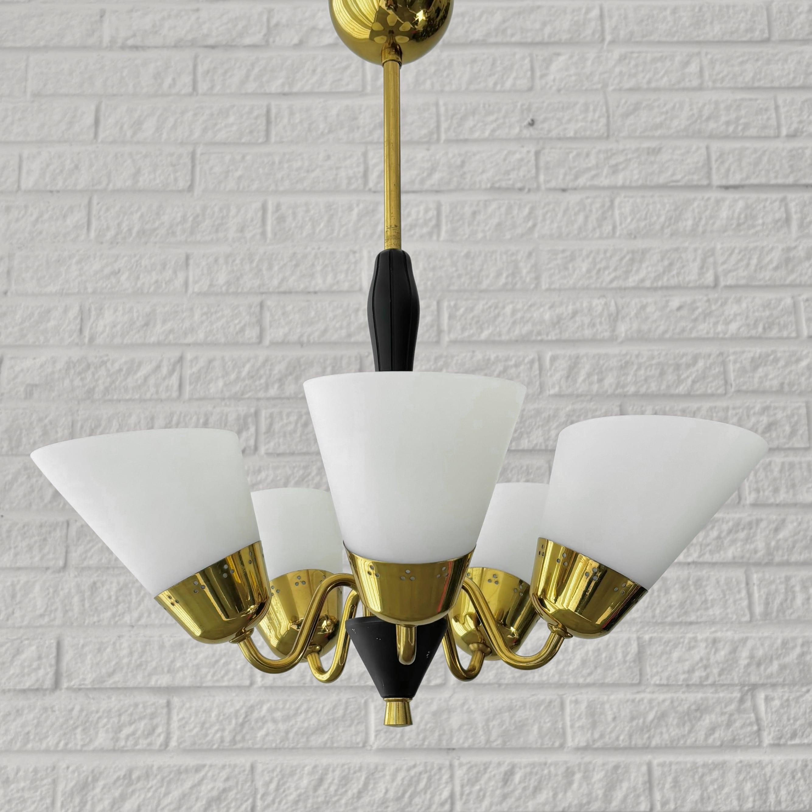 Swedish Scandinavian mid-century chandelier, five arms, brass & glass, Sweden, 1940s For Sale