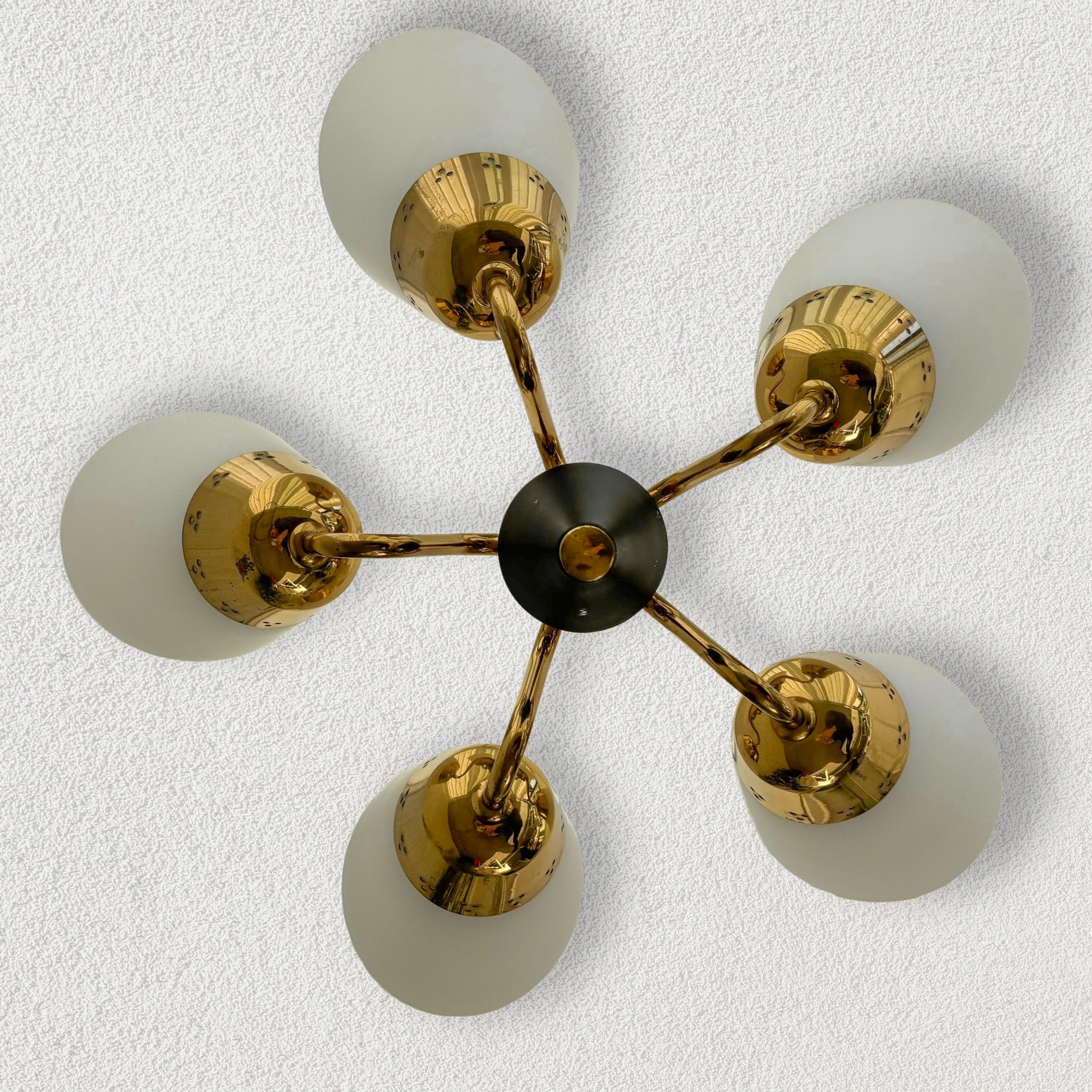 Mid-20th Century Scandinavian mid-century chandelier, five arms, brass & glass, Sweden, 1940s For Sale