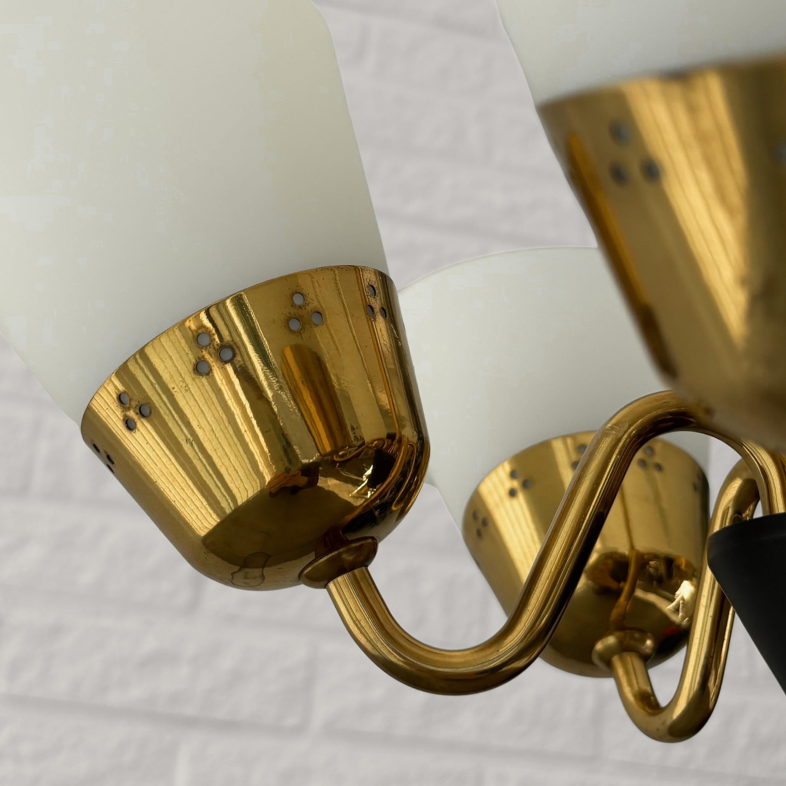 Brass Scandinavian mid-century chandelier, five arms, brass & glass, Sweden, 1940s For Sale