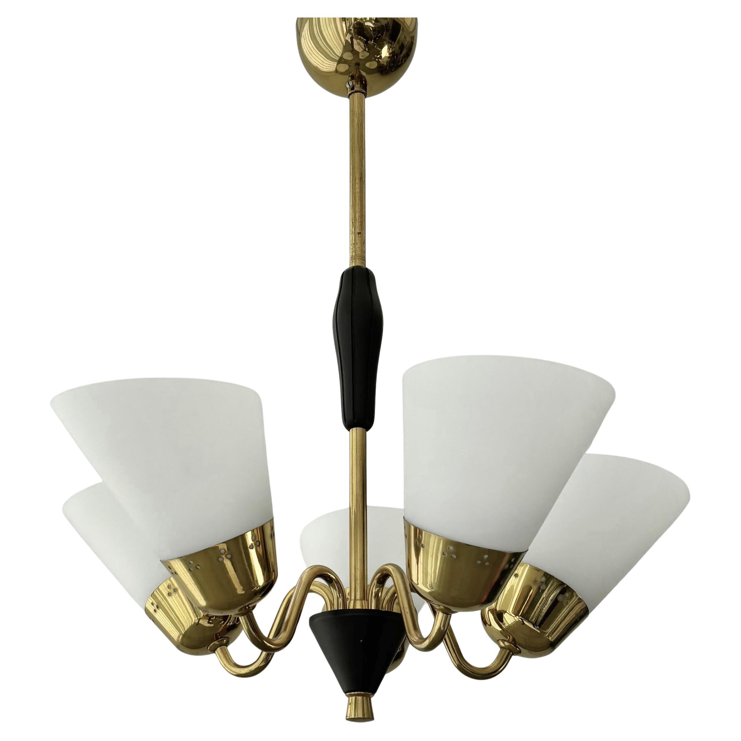 Scandinavian mid-century chandelier, five arms, brass & glass, Sweden, 1940s