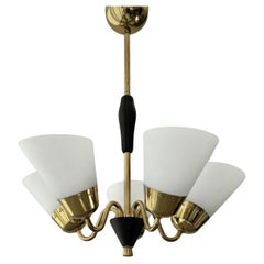 Scandinavian mid-century chandelier, five arms, brass & glass, Sweden, 1940s