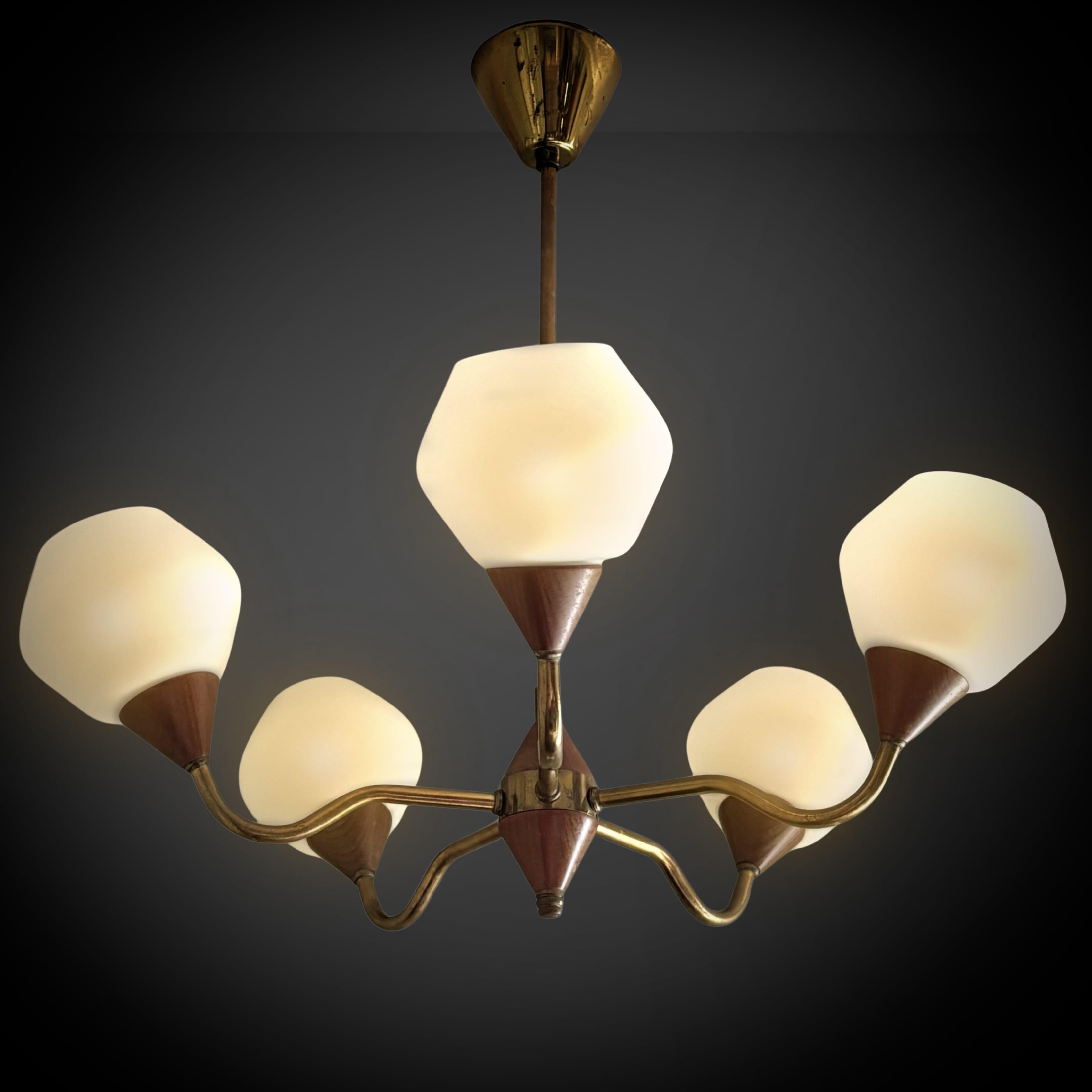 Scandinavian Modern Scandinavian mid century chandelier in teak, brass & glass, Sweden, 1950s For Sale