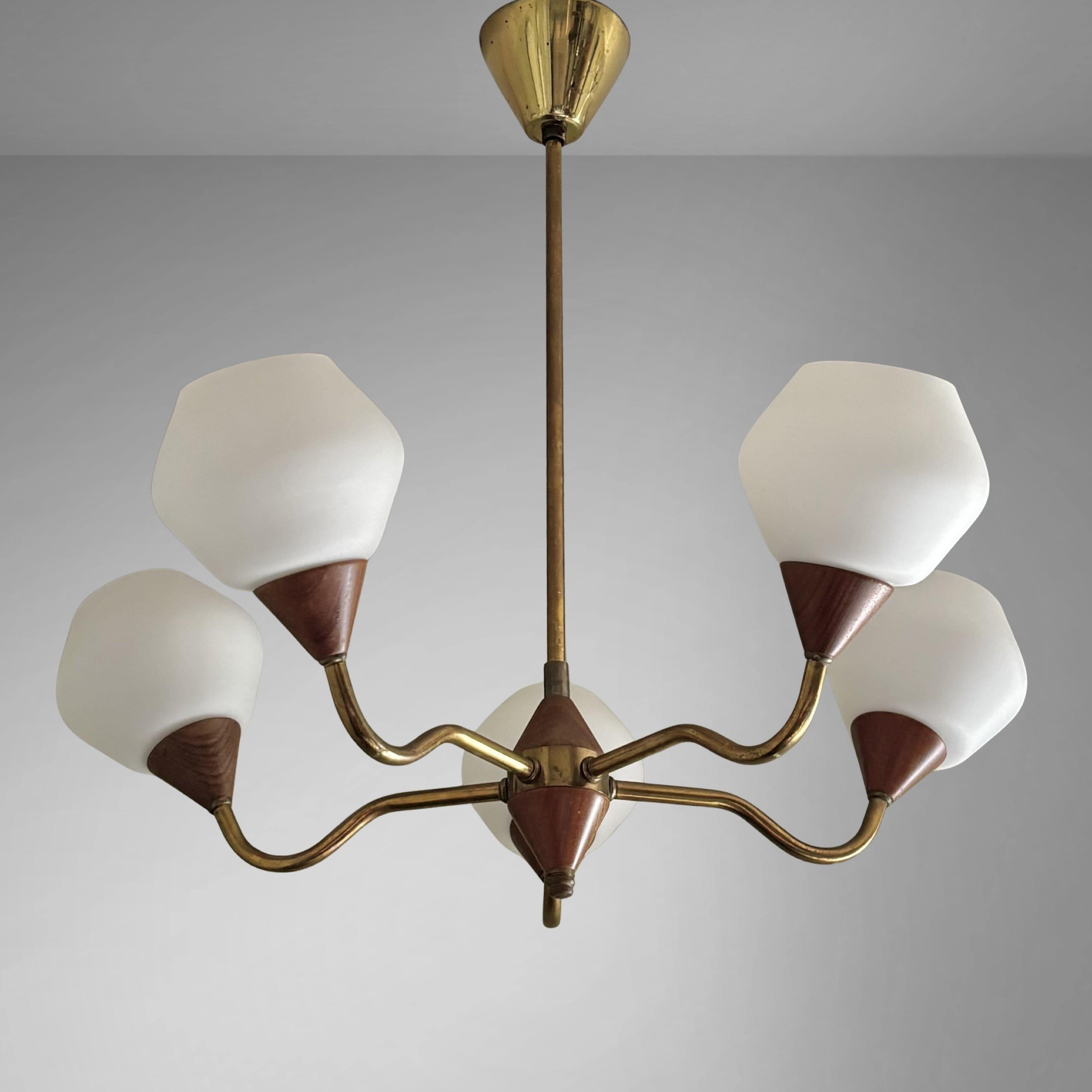 Swedish Scandinavian mid century chandelier in teak, brass & glass, Sweden, 1950s For Sale