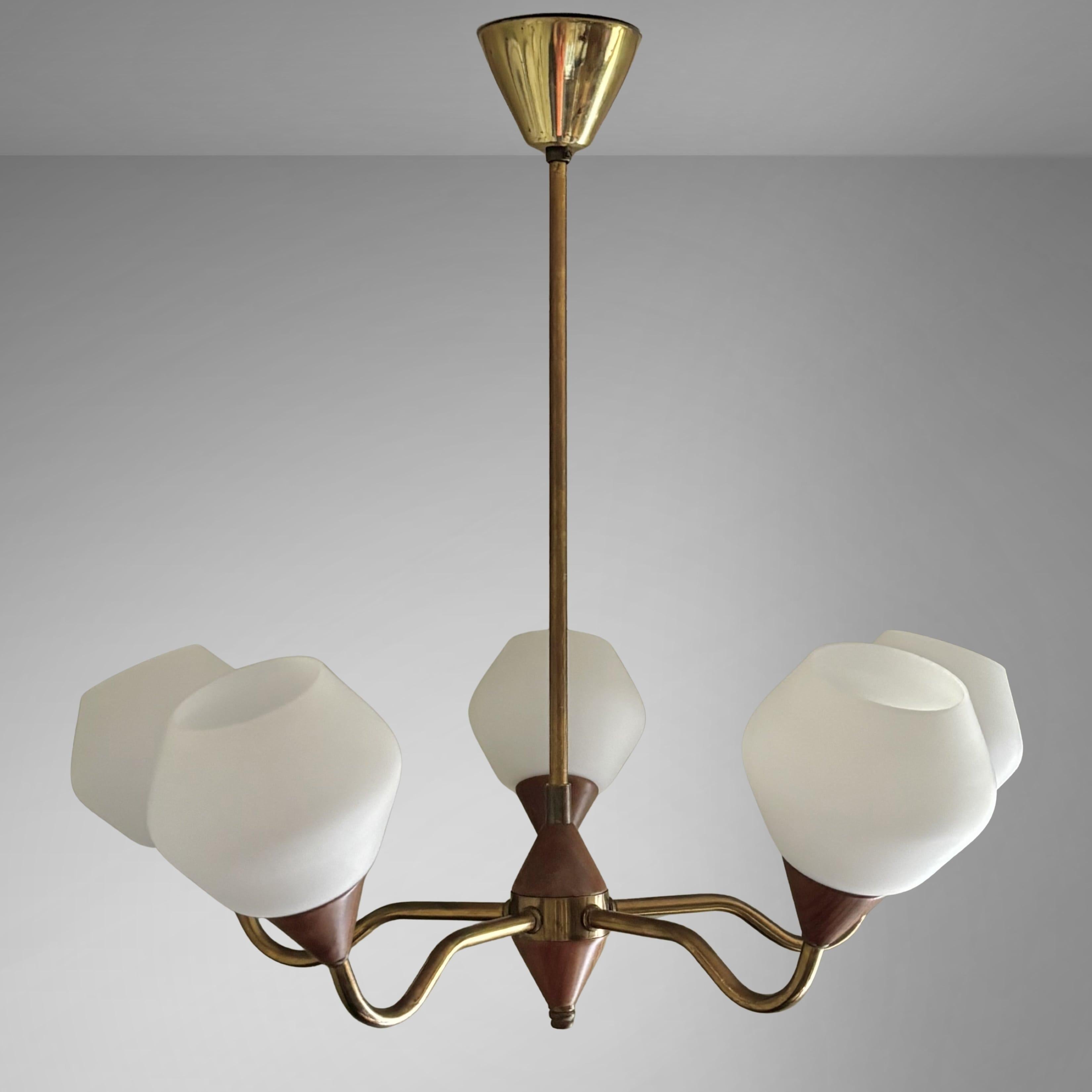 Mid-20th Century Scandinavian mid century chandelier in teak, brass & glass, Sweden, 1950s For Sale