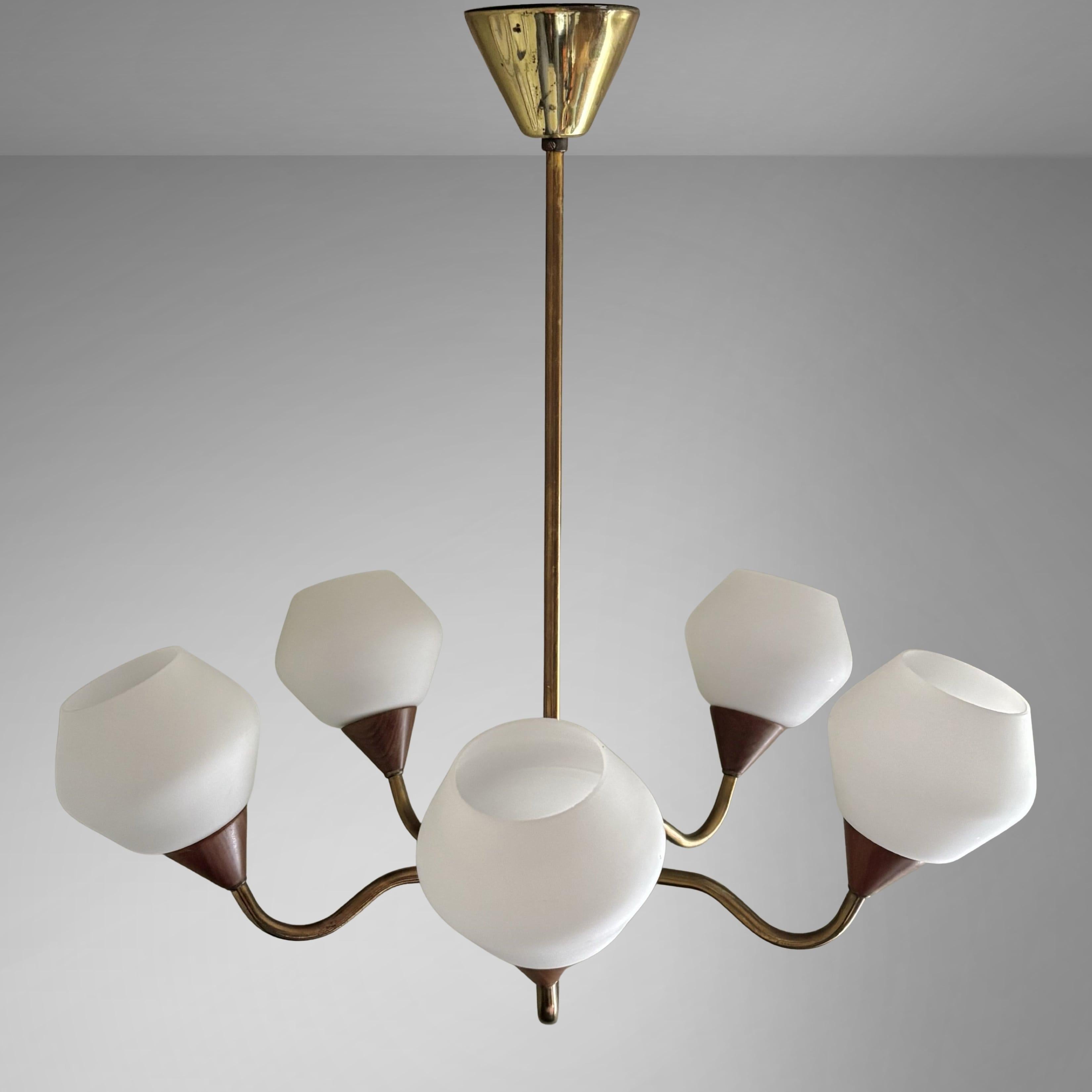Brass Scandinavian mid century chandelier in teak, brass & glass, Sweden, 1950s For Sale