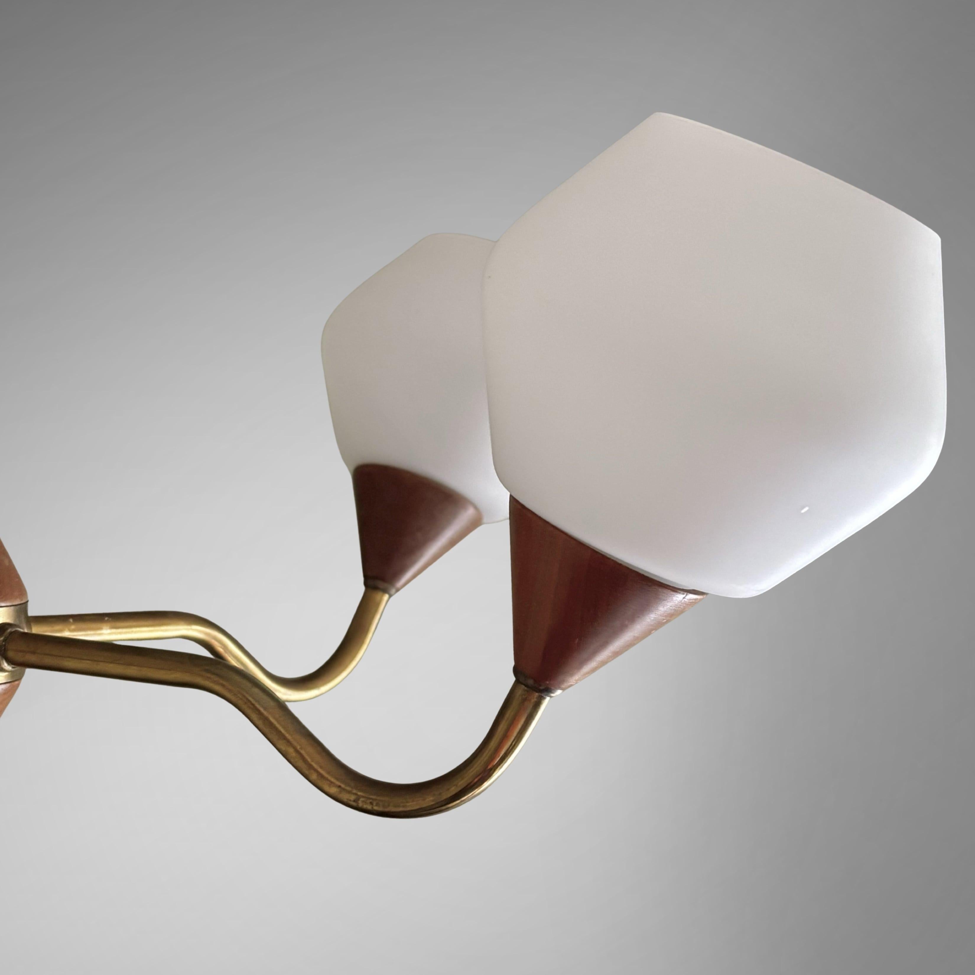Scandinavian mid century chandelier in teak, brass & glass, Sweden, 1950s For Sale 1